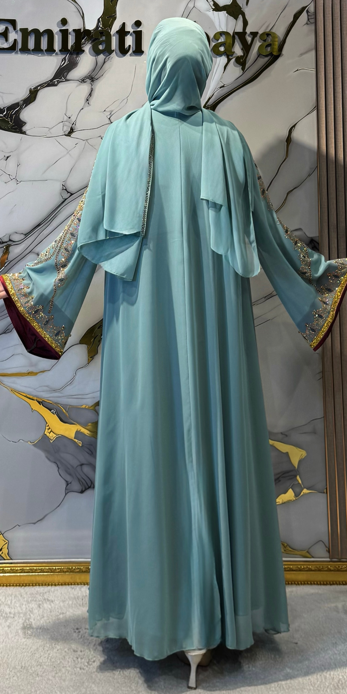 Gold Embellished Open-Front Green Chiffon Traditional Set - 4-Piece Luxury Set (Includes Shawl, Belt and Undergarment) WS74 GSY