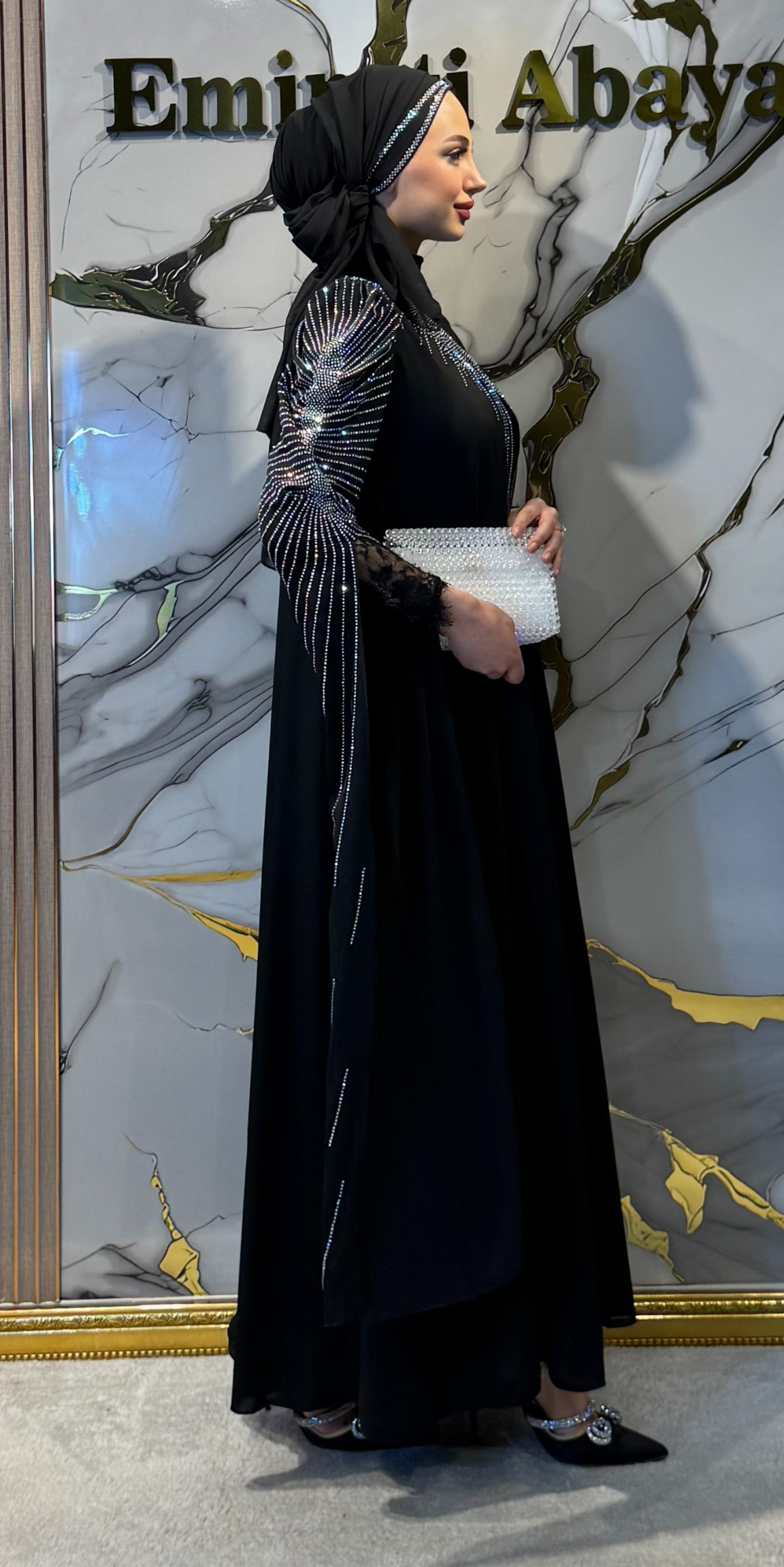 Janjan Stone Embellished Black Abaya - Long Sleeved Shimmering TM82 JSDB