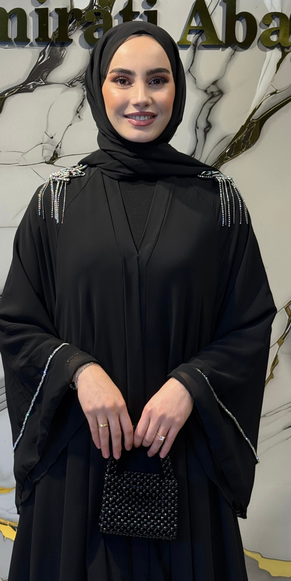 Three-Layer Abaya with Shoulder Stone Detail RK011 Stone Black - Includes Snap Fastener Shawl and Belt