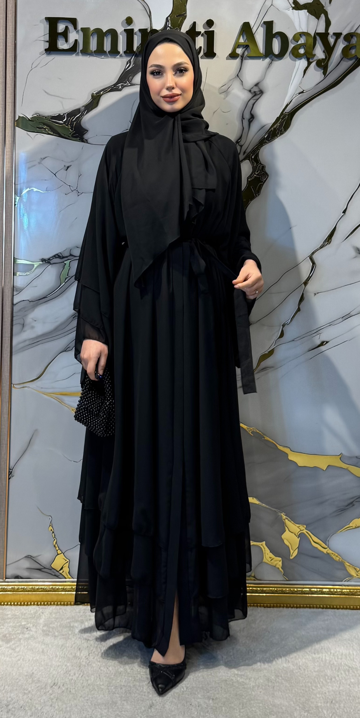 Swarovski Taşlı Üç Katlı Şifon Abaya RK011 BSB - 3 Parça Set (Şal ve Kemer Dahil)