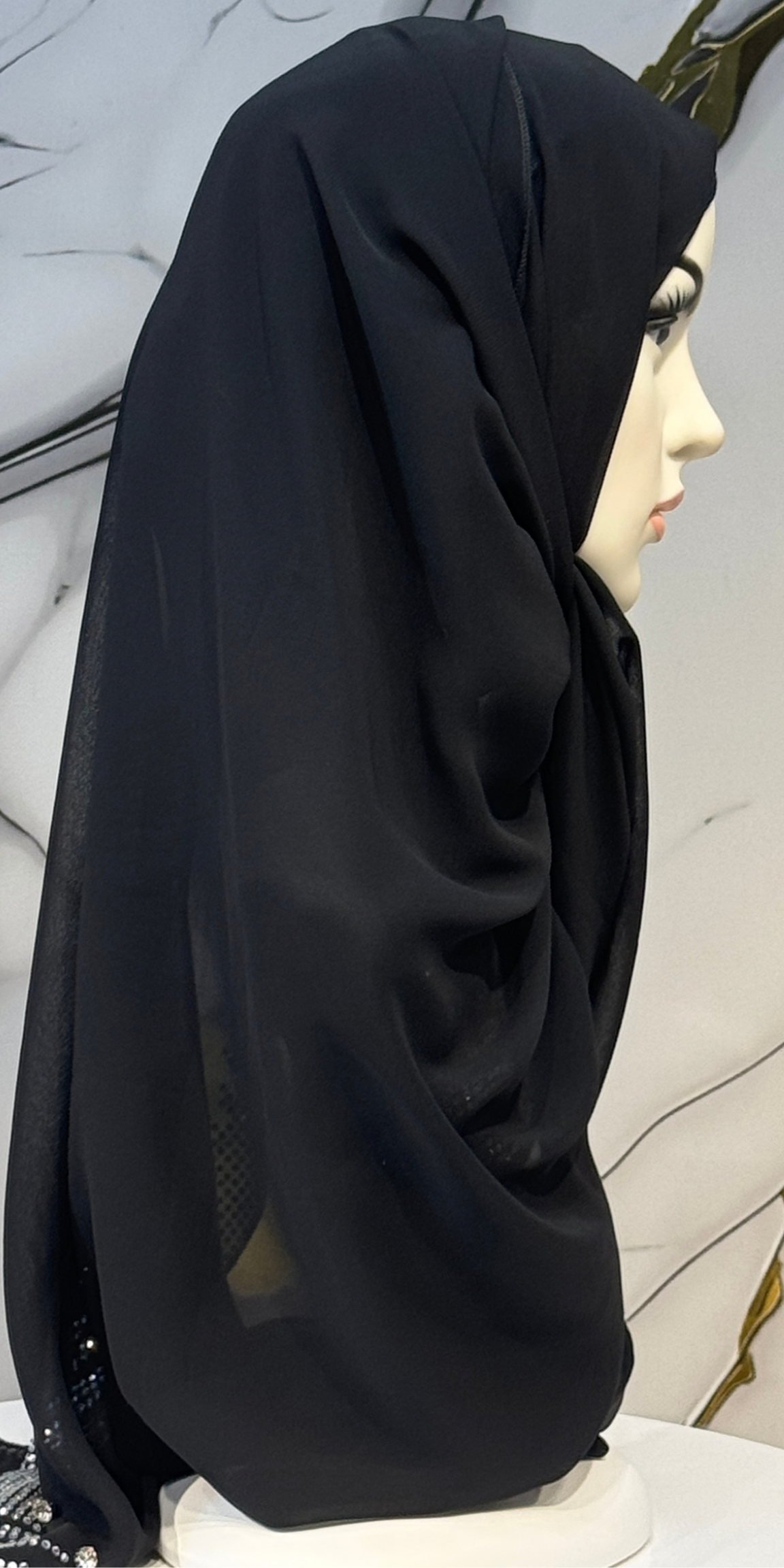 Taş İşlemeli Siyah Şifon Şal Emirati Abaya | ŞAL87 WSB