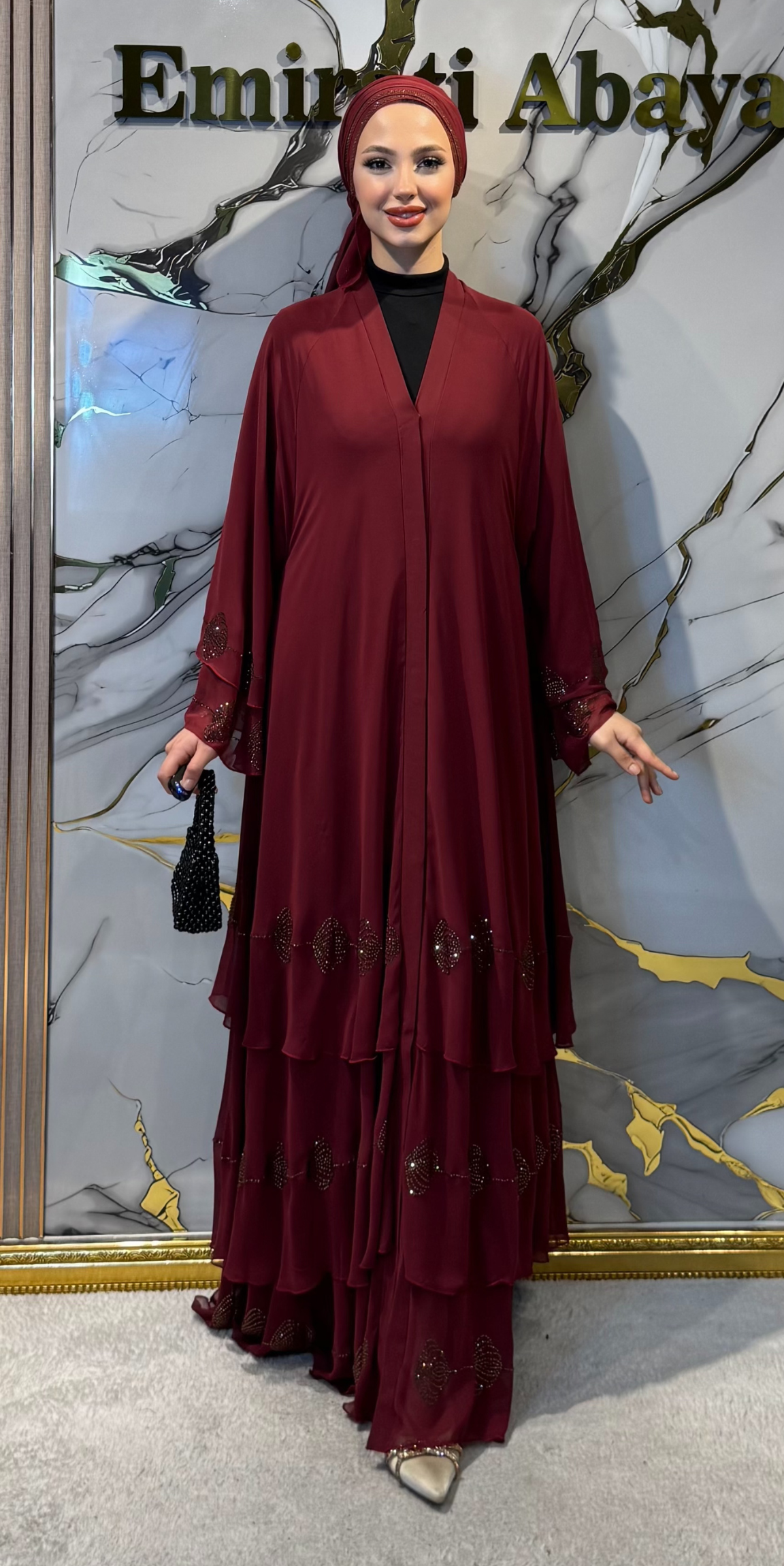 Three-Layer Chiffon Abaya with Gold Floral Hem in Burgundy | TM33 GS BORDEAUX