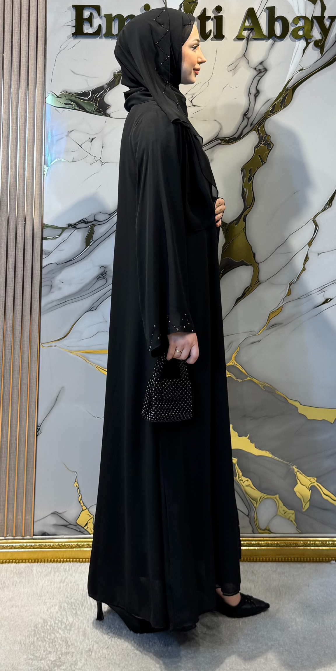 Hematite Stone Patterned Black Elegant Abaya - Refined Modern Model TM051 HSB
