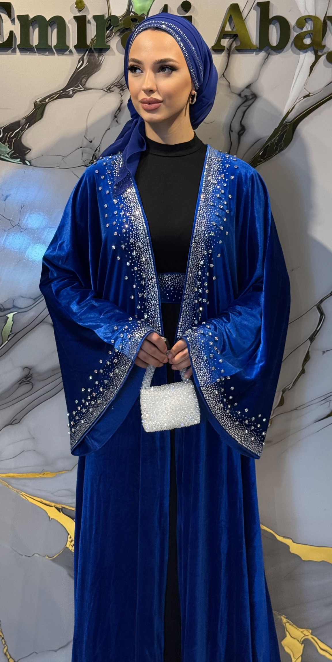 Elegant Blue Velvet Abaya with Crystal Embellishments - Shawl and Belt Included TM47 WSV BLUE