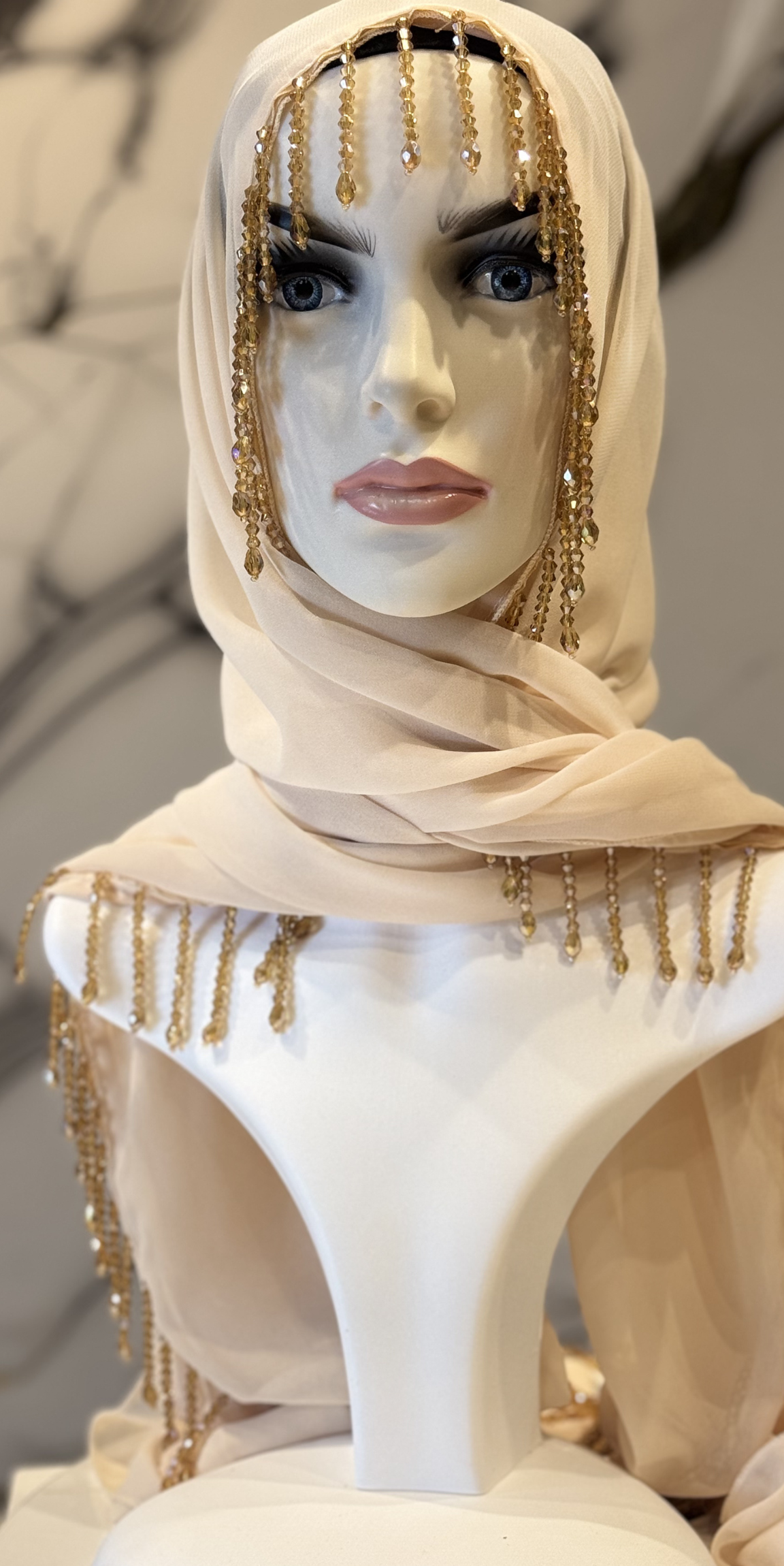 Cream Chiffon Scarf with Tassels and Gold Stones, Face Frame with Tassel Detail | SAL18 GSKREM