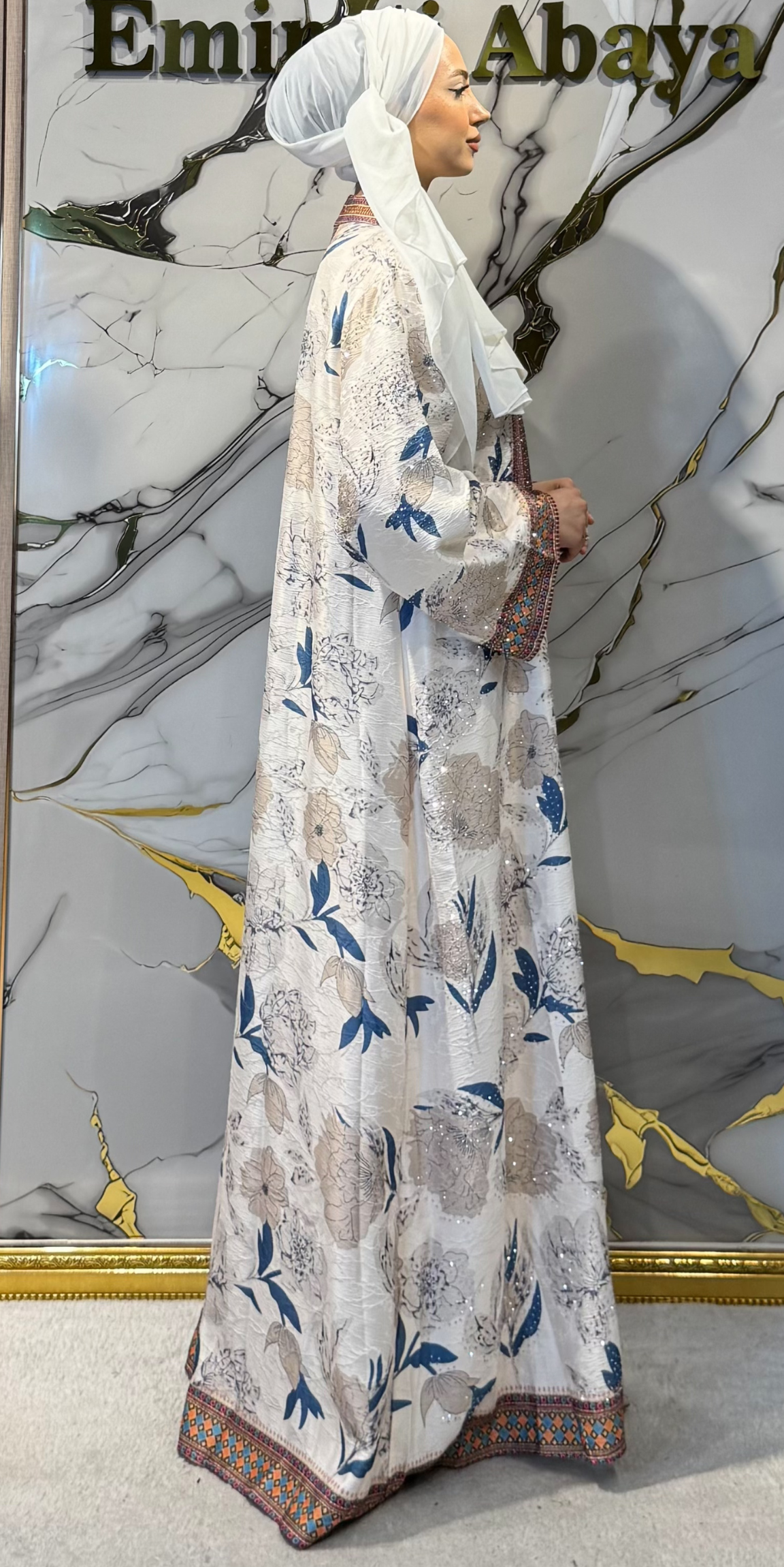 Çiçek Baskılı Krem Jakar Günlük Abaya | KSA05 KREM