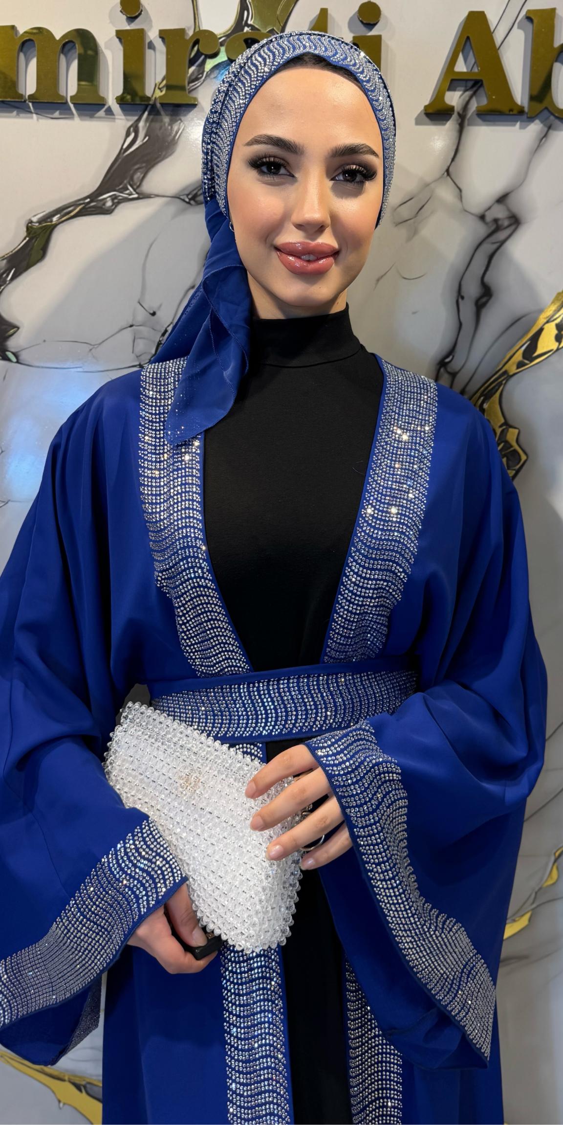 White Stone Embellished Blue Chiffon Traditional Style 3-Piece Set | TM47 WSM