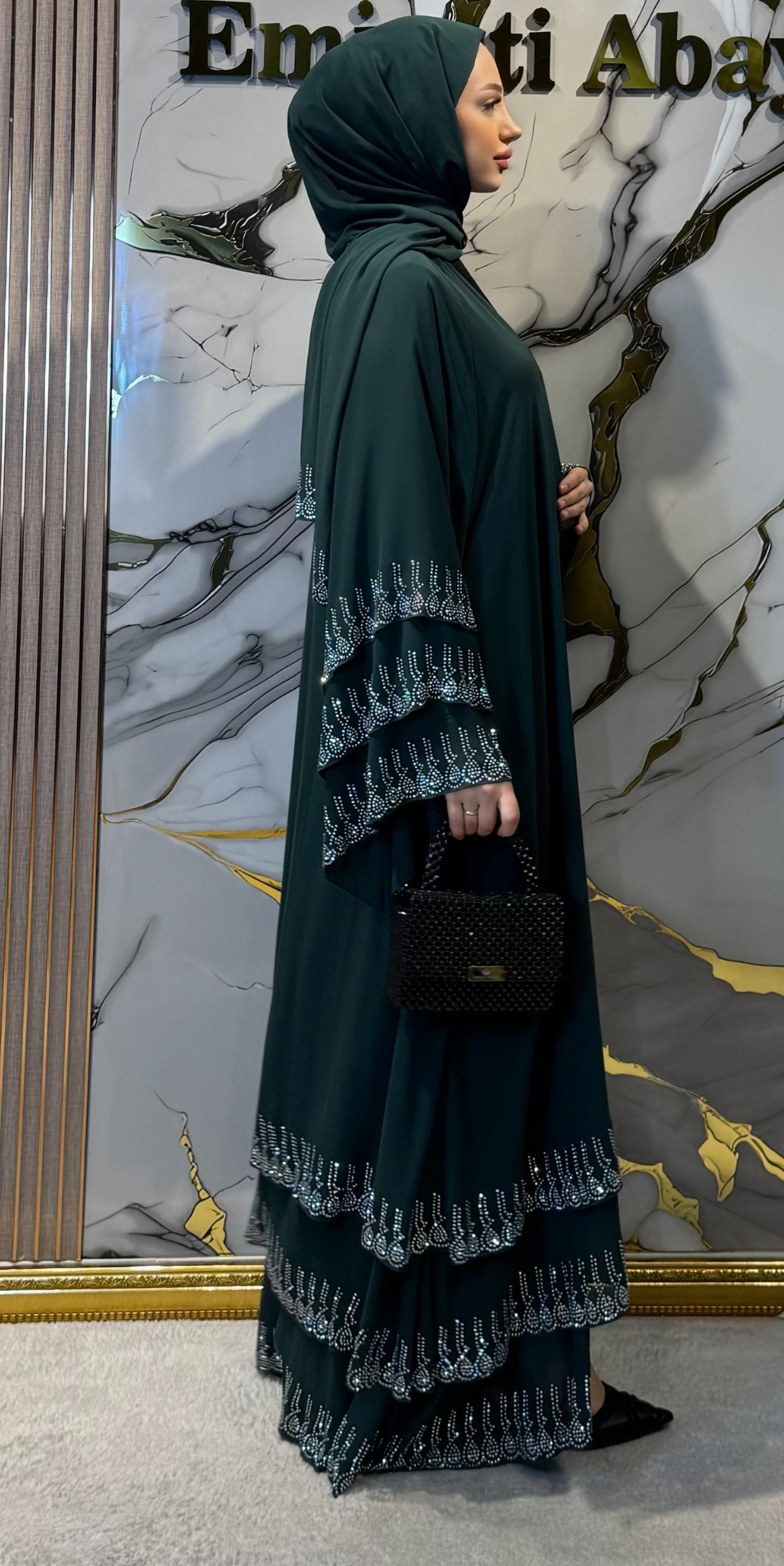 Etek Uçları Swarovski Taşlı Yeşil Abaya - Lüks Zarif Model TM07 JS YEŞİL