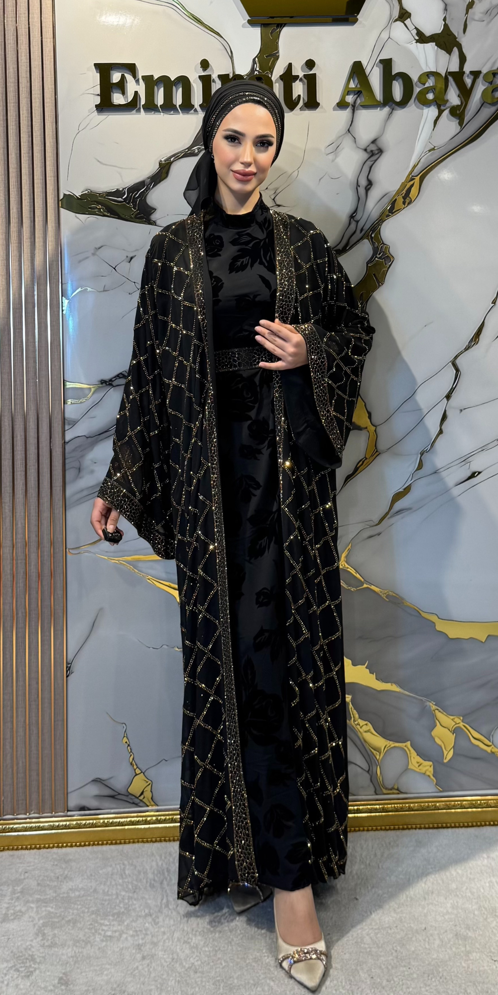 Emirati Gold Swarovski Crystal Embellished Korean Chiffon Abaya LY33 GSB - 4-Piece Luxury Set (Includes Shawl, Belt and Flocked Undershirt)