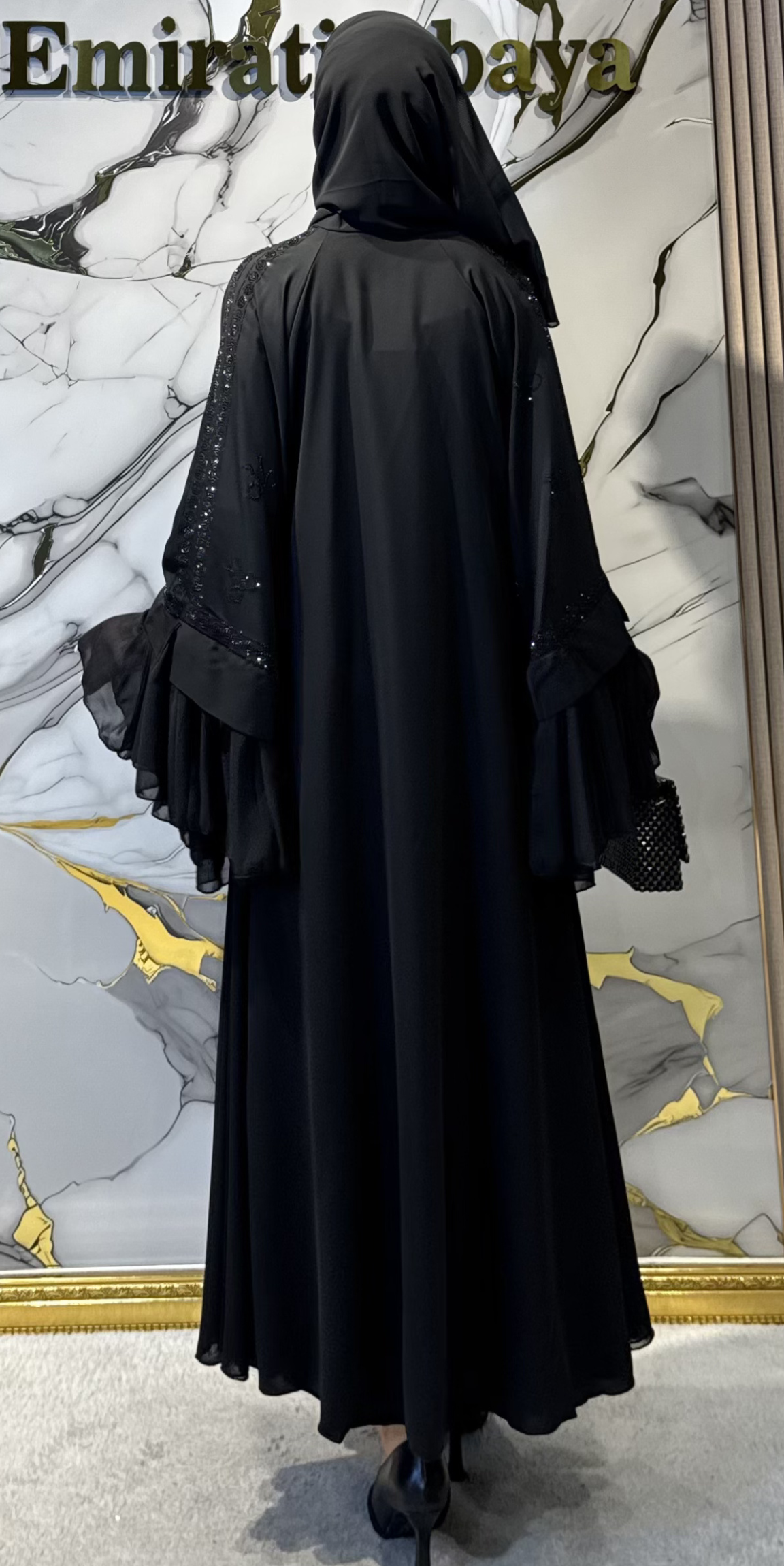 Lüks Kelebek Taş Desenli Siyah Şifon ve Dubai Kumaş Abaya - Şal Dahil WS68 BSB