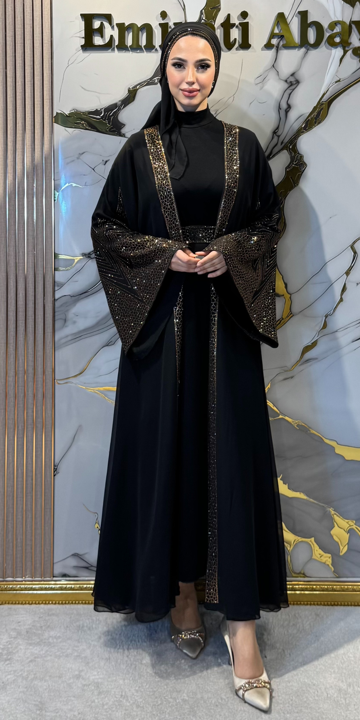 Dubai Stil Altın Swarovski Taşlı Premium Kore Şifon Abaya TM72 - 4 Parça Lüks Set (Şal, Kemer ve İçlik Dahil) TM72 GSB