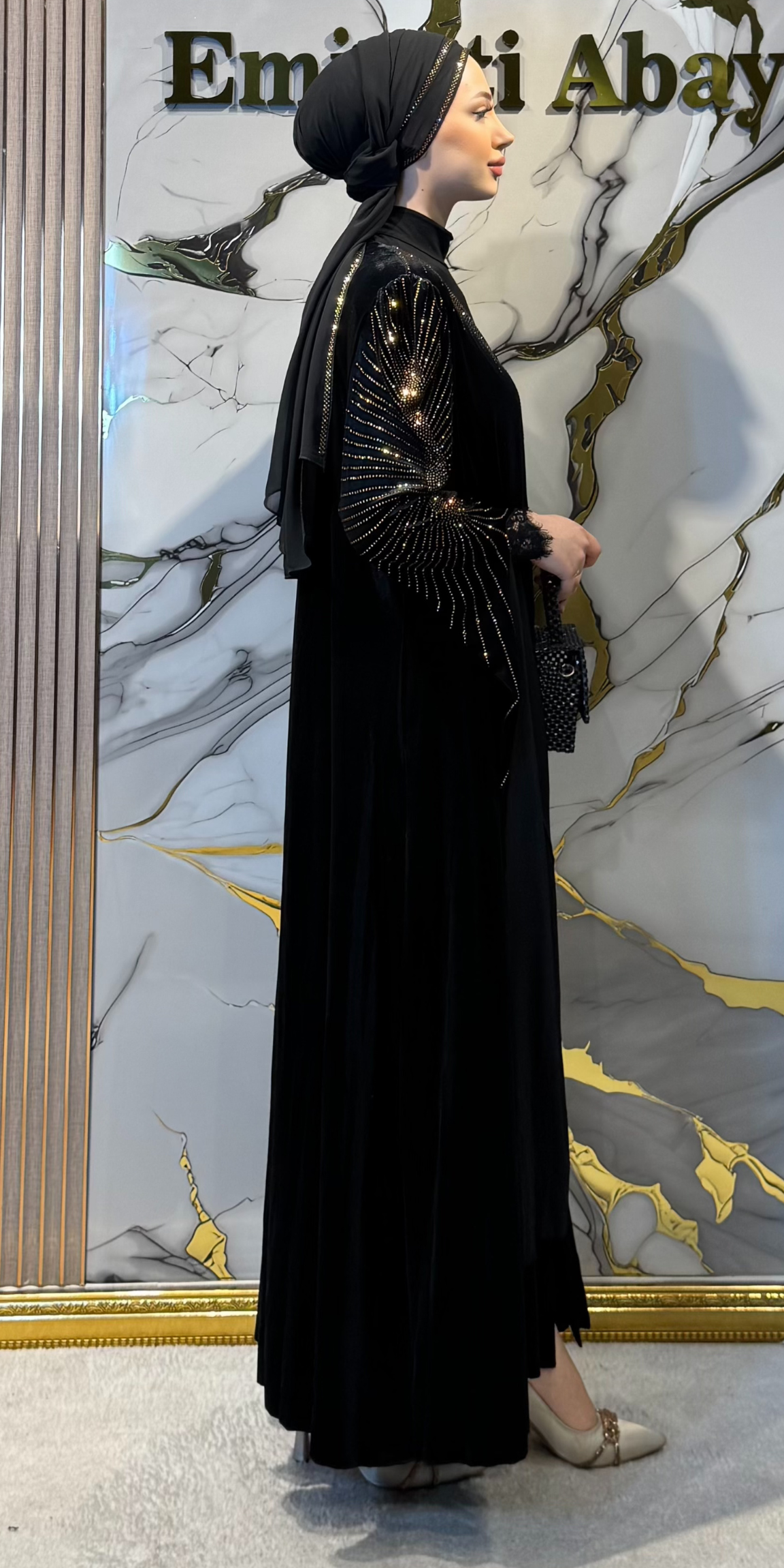 Black Velvet Evening Dress with Gold Embellishments - Long Sleeved, Sparkling Model TM82 GSVB