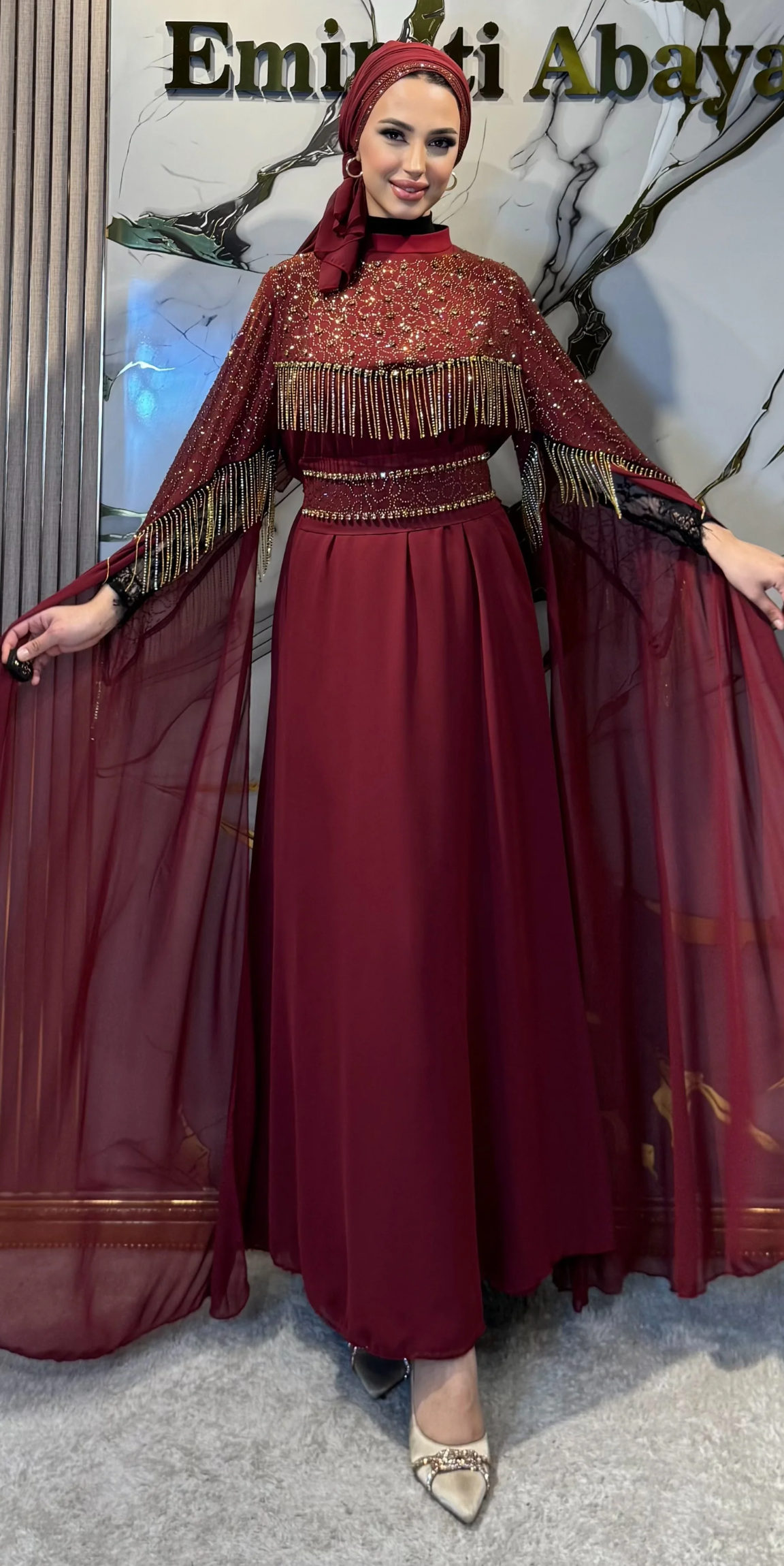 Burgundy Chiffon Long-Sleeved Abaya with Gold Embellishments | WS56 GSBORDO