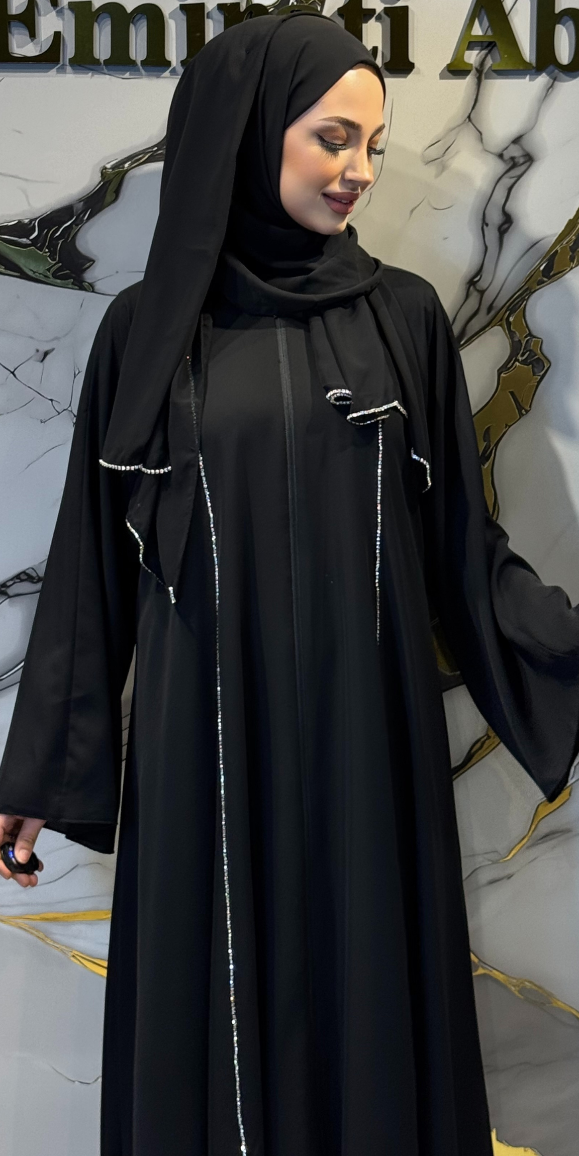 Swarovski Crystal Embellished Zippered Black Abaya TM0101WB - Luxurious and Elegant Model