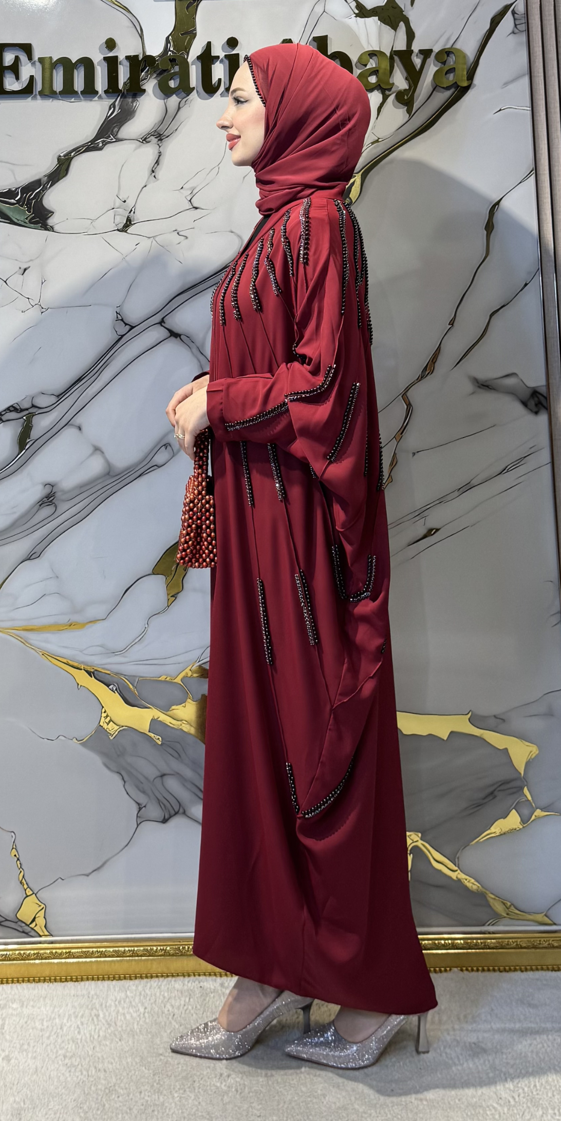 Front Embellished with Pearls and Black Stones Chiffon Burgundy Abaya - Elegant and Stylish Model TM089 C BURGUNDY BS