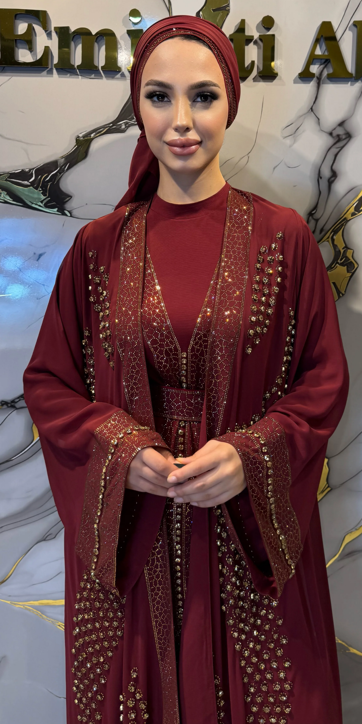 Altın Taşlı Bordo Şifon Abaya Takımı - 4 Parça Lüks Set (Şal, Kemer ve Sandy İçlik Dahil) WS31 GSBORDO