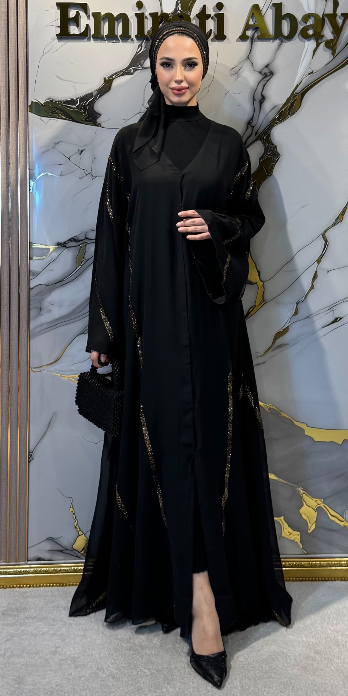 Lüks Altın Swarovski Taşlı Siyah Kore Şifon Abaya | TM42 GSB