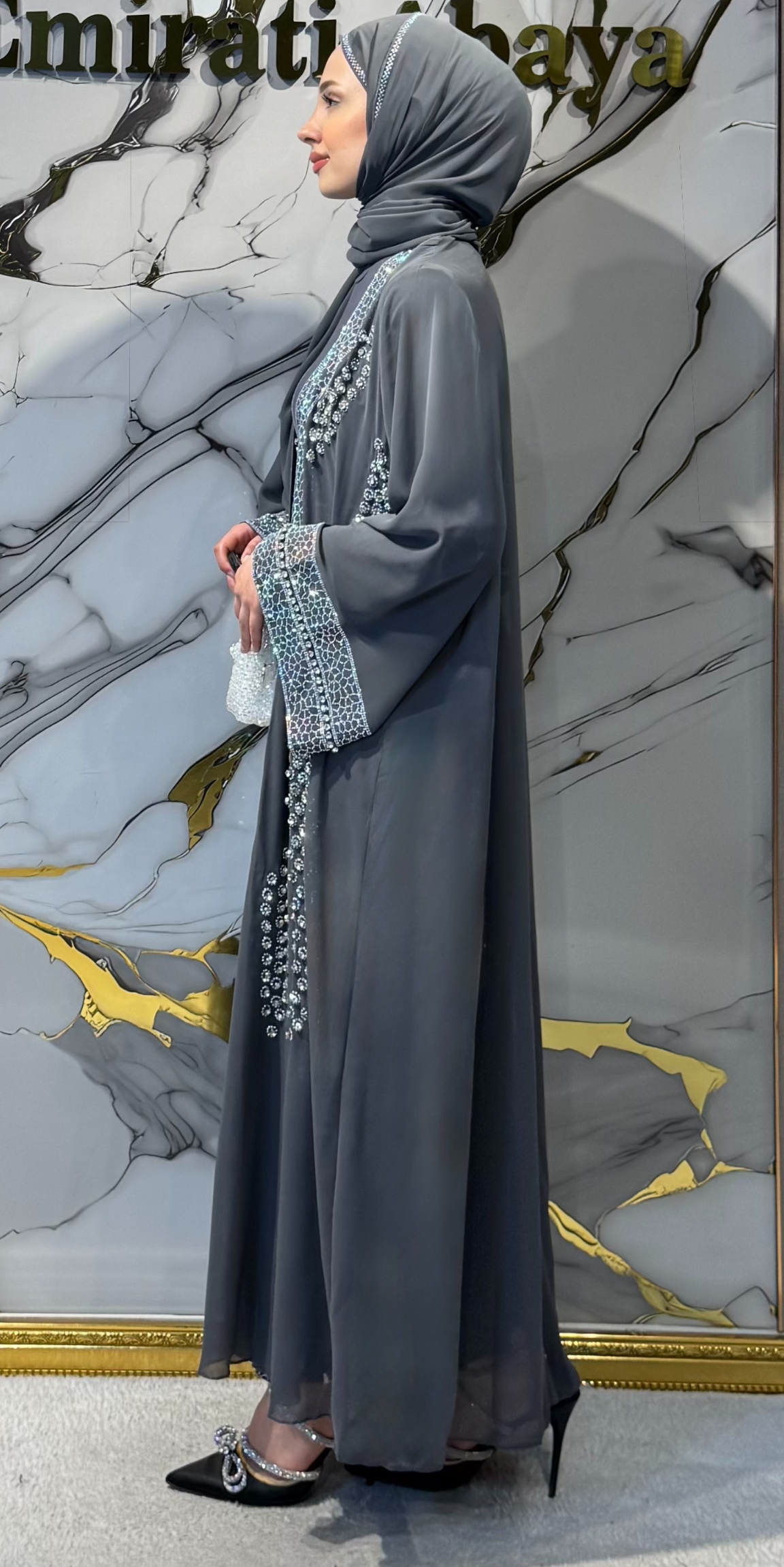 Open-Front Traditional Grey Set with Crystal Embellishments | 4-Piece Set