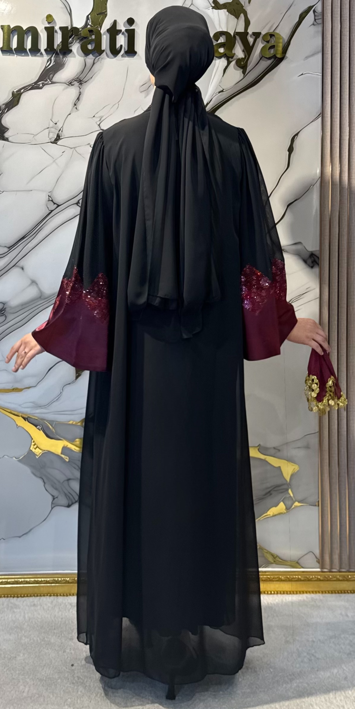 Black Open Abaya with Red Embroidered 