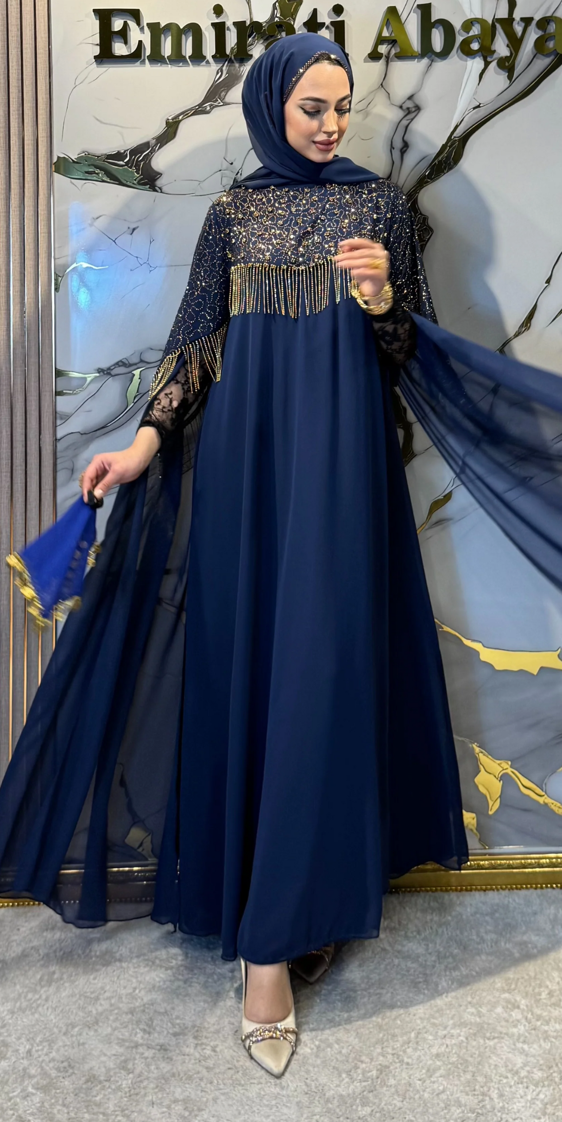 Larcİvet Şifon Gold Taşlı Uzun Kollu Abaya | WS56 GSL