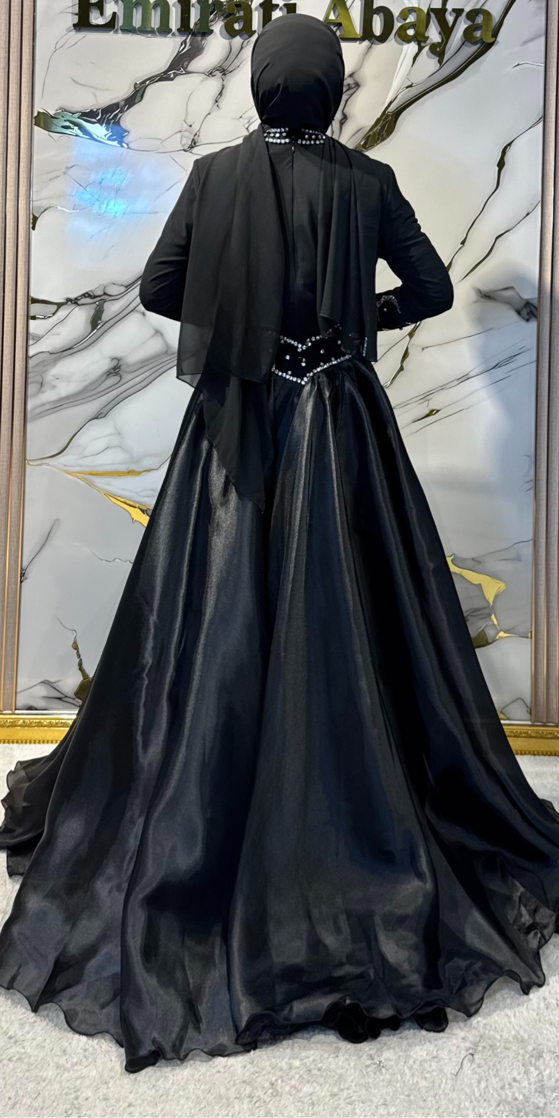 Black Chiffon Wedding Abaya with White Stone Embellishments - Elegant Lace Detail Model WS16