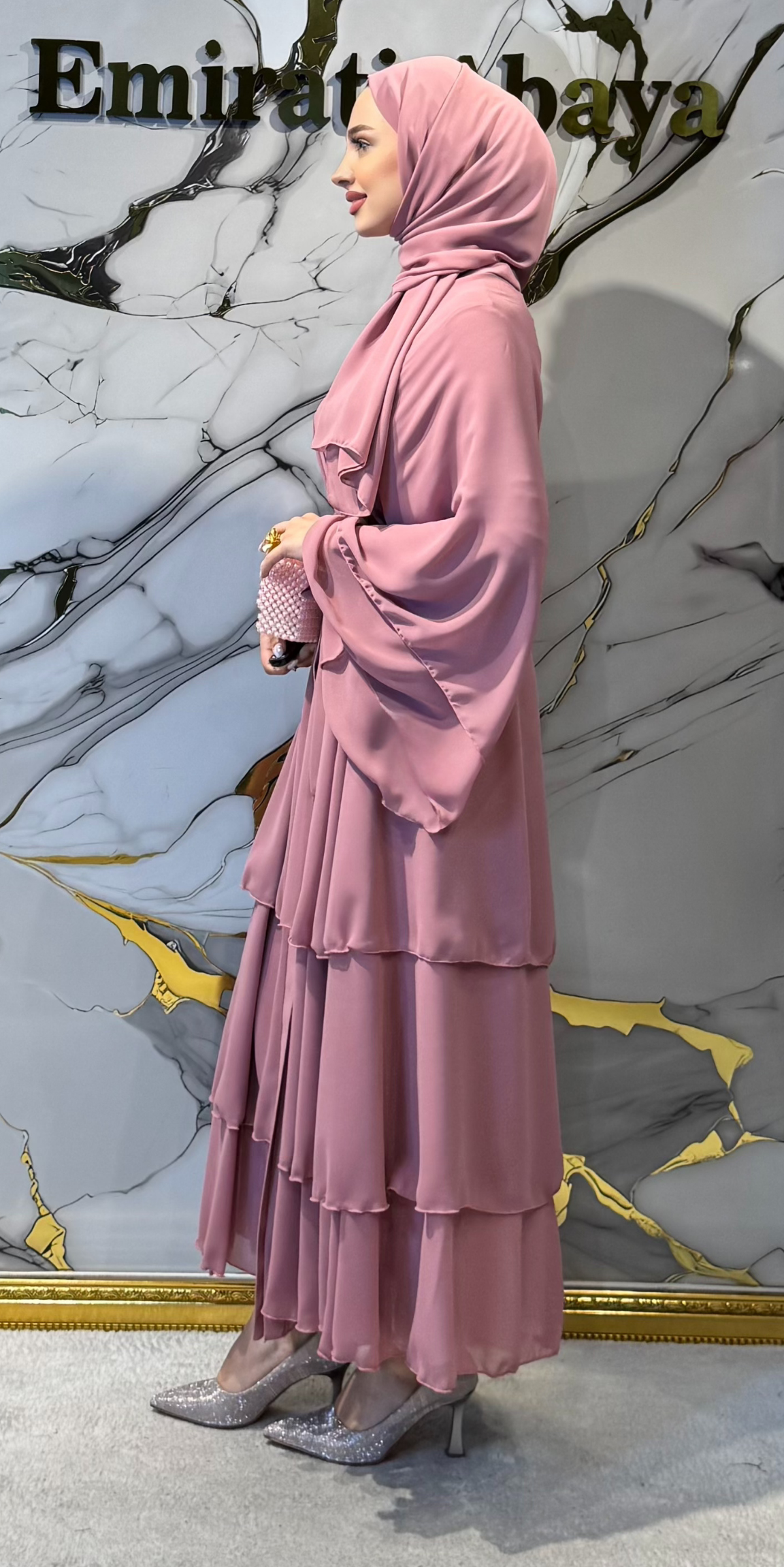 Three-Layer Pink Chiffon Abaya RK011 D PINK - Everyday Model Including Buttoned Shawl and Belt