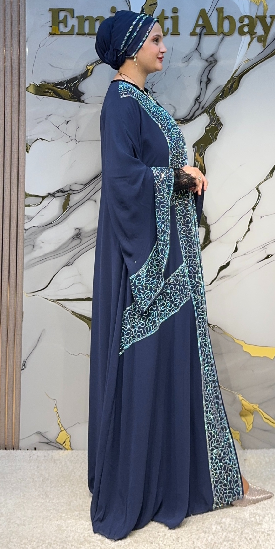 Janjanlı Panelli Lacivert Şifon Abaya | LY77 JSL