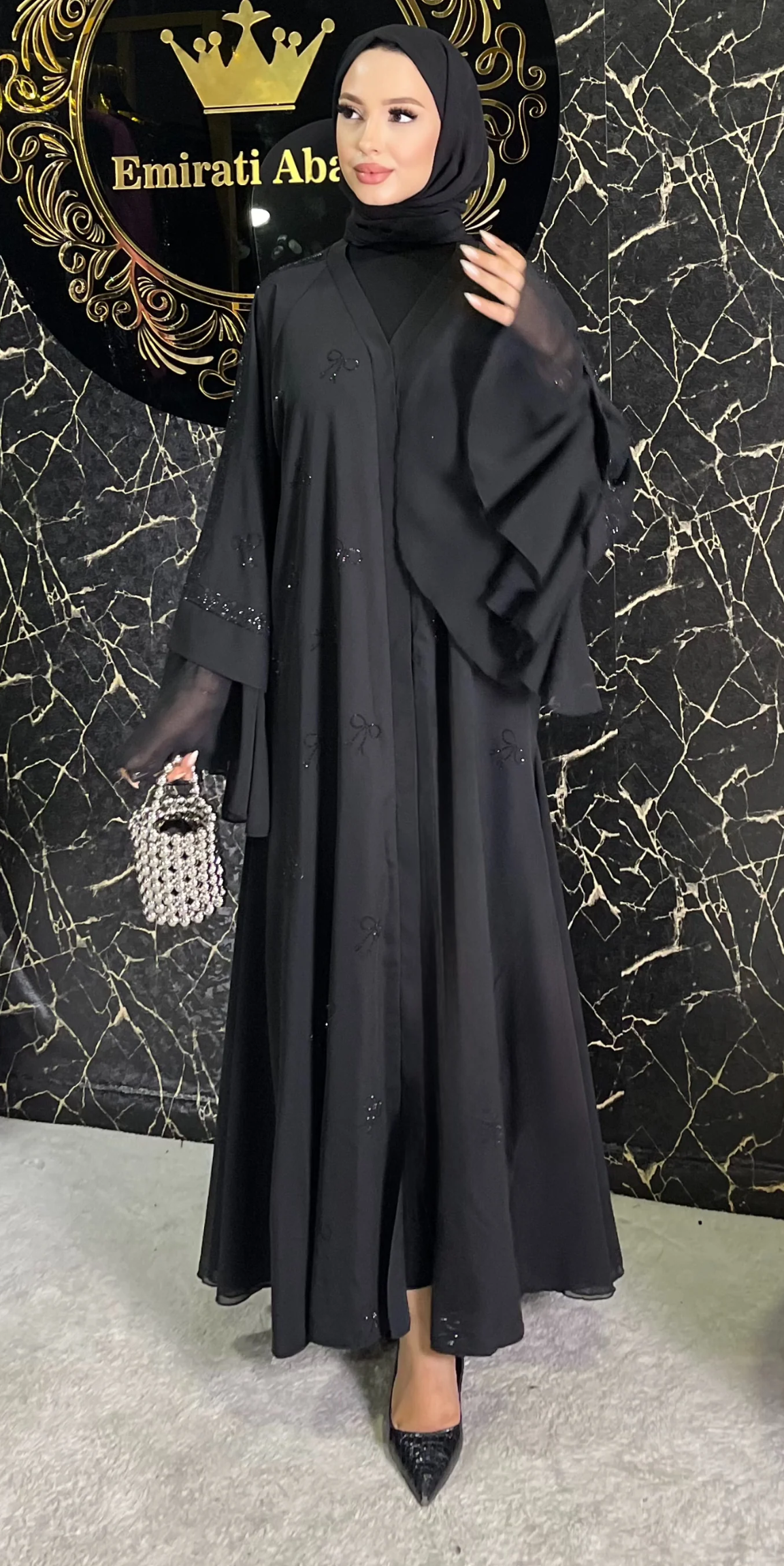 Luxury Butterfly Stone Patterned Black Chiffon and Dubai Fabric Abaya - Shawl Included WS68 BSB