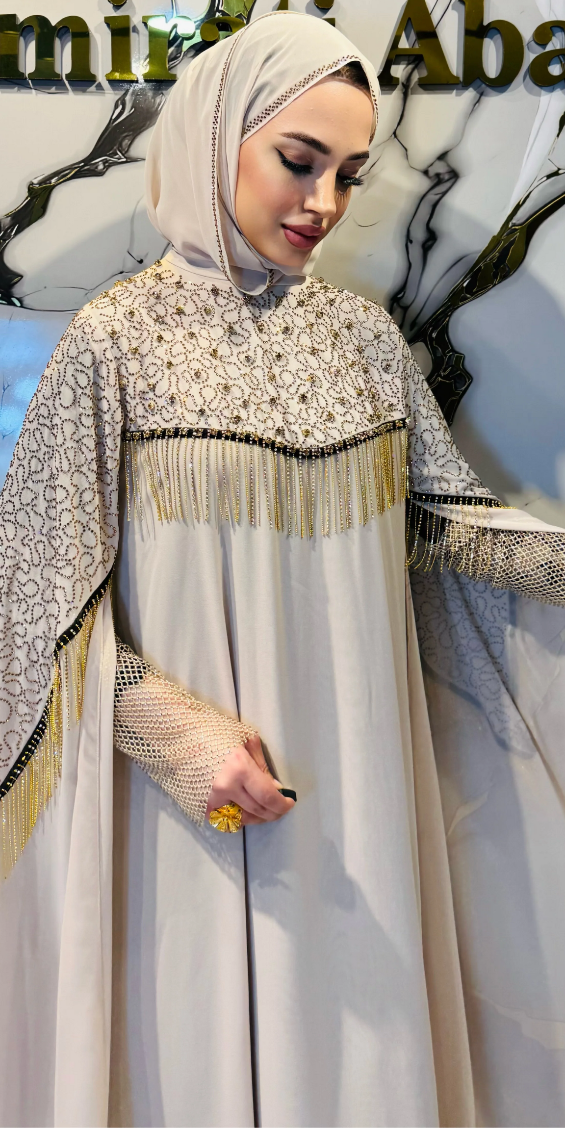 Krem Şifon Gold Taşlı Uzun Kollu Abaya WS56 GSKREM