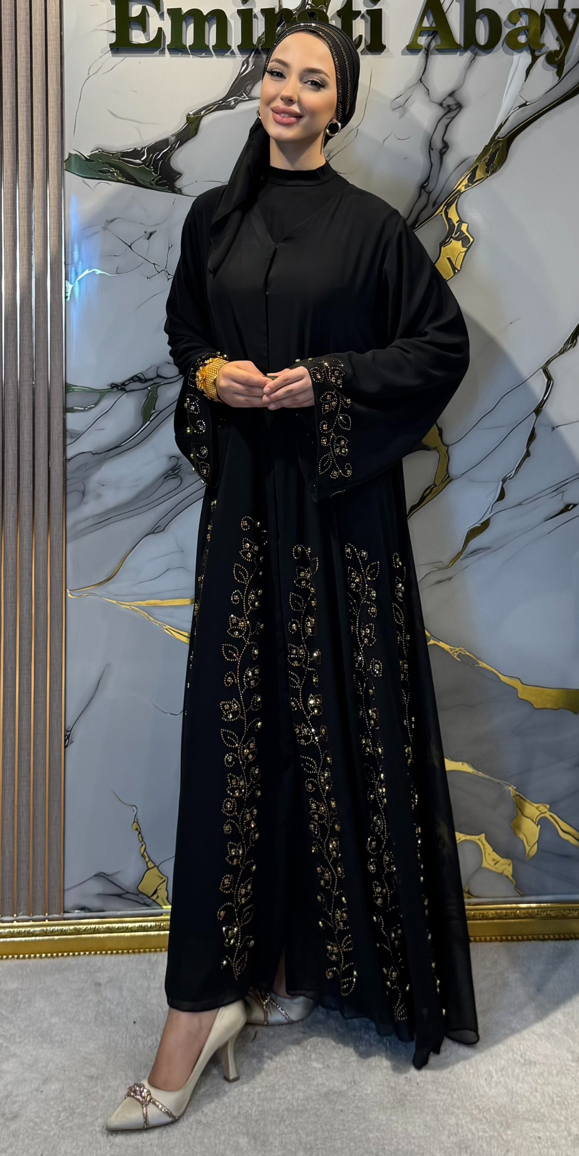 Lüks Altın Taşlı Siyah Şifon Abaya - Çiçek Desenli Özel Tasarım TM93 GSB
