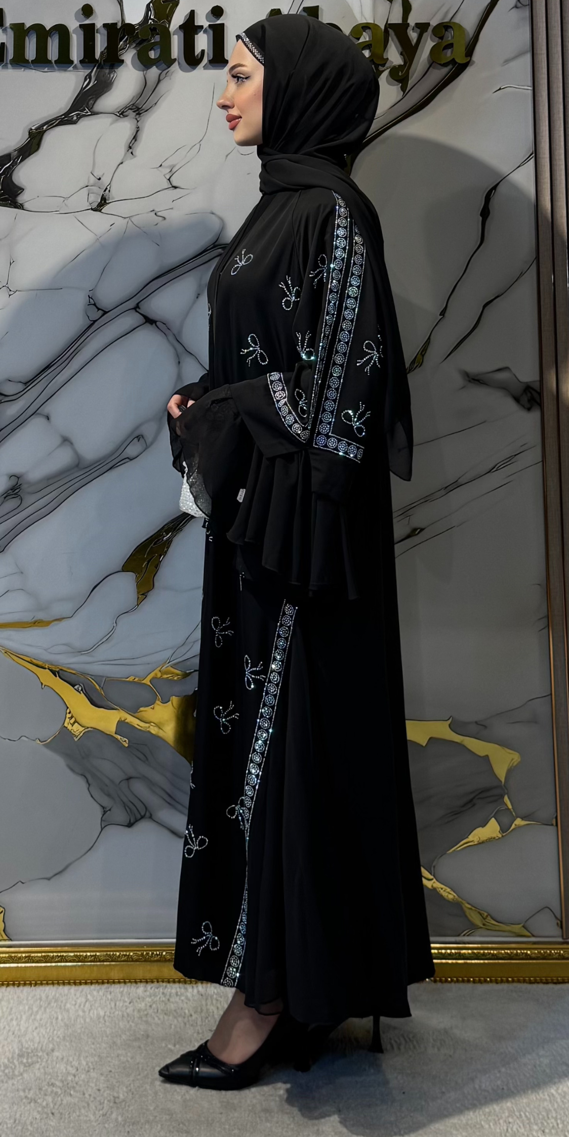 Zarif Fiyonk Nakışlı Siyah Şifon Abaya | WS68 JSB