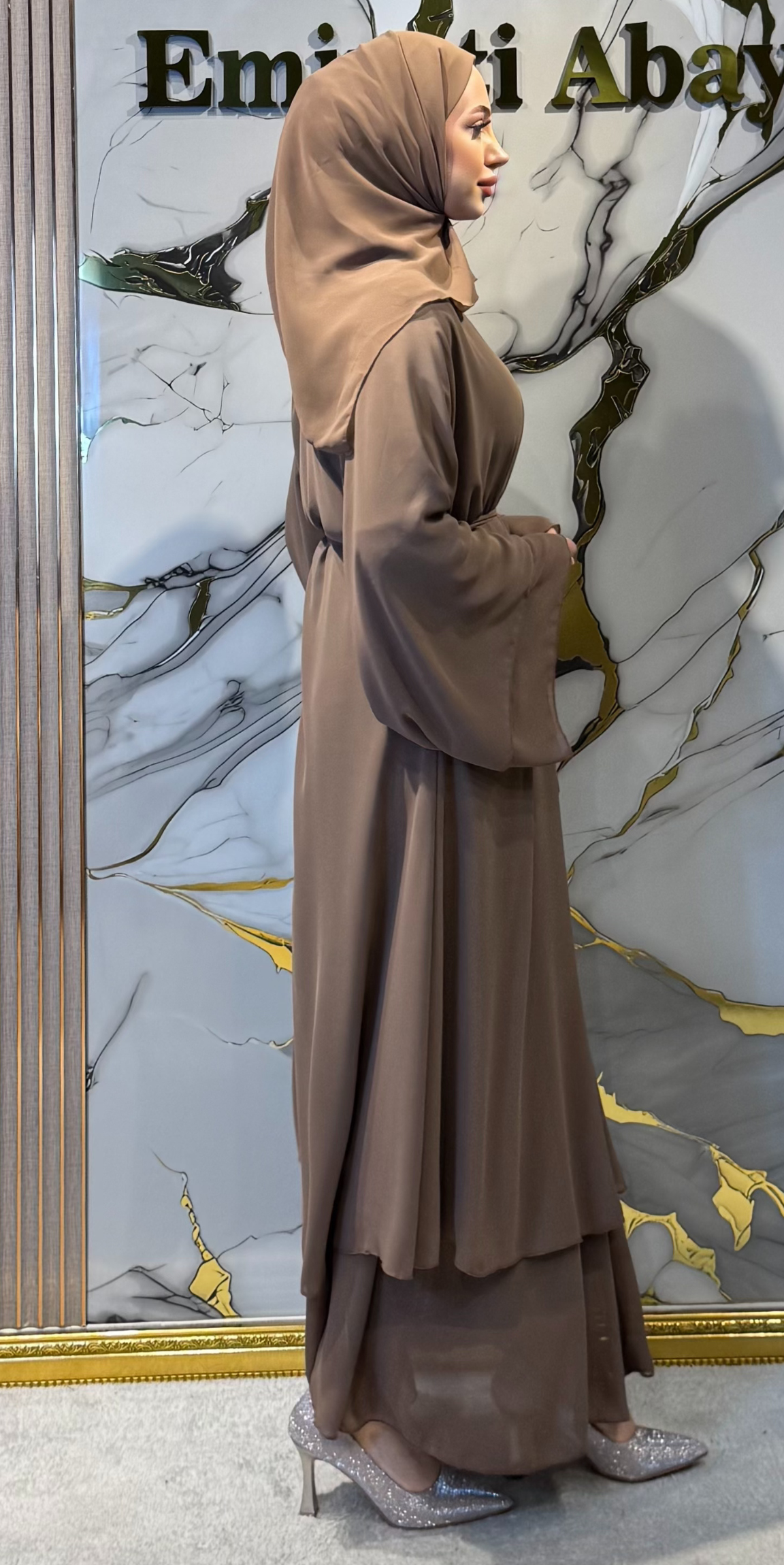 Mink Chiffon Abaya RK009 MINK - Everyday Model Including Buttoned Shawl and Belt