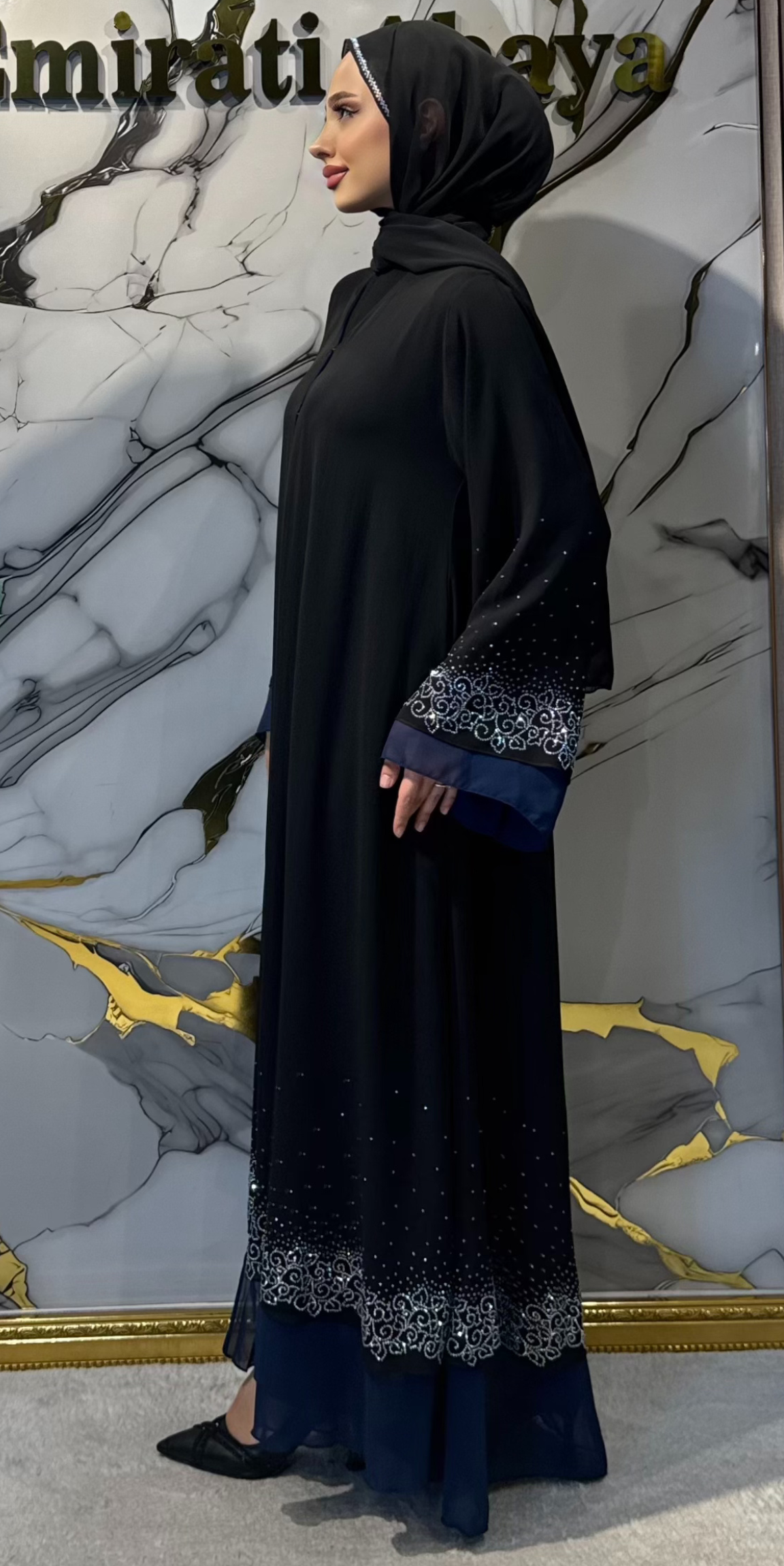 Lüks Janjan Taşlı Siyah & Lacivert İki Renkli Şifon Abaya Önden Düğmeli | LY07 JSB