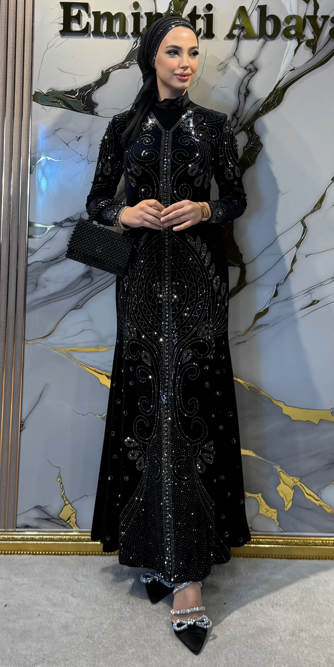 Hematite Stone Patterned Black Velvet Abaya | LY11 HSVB