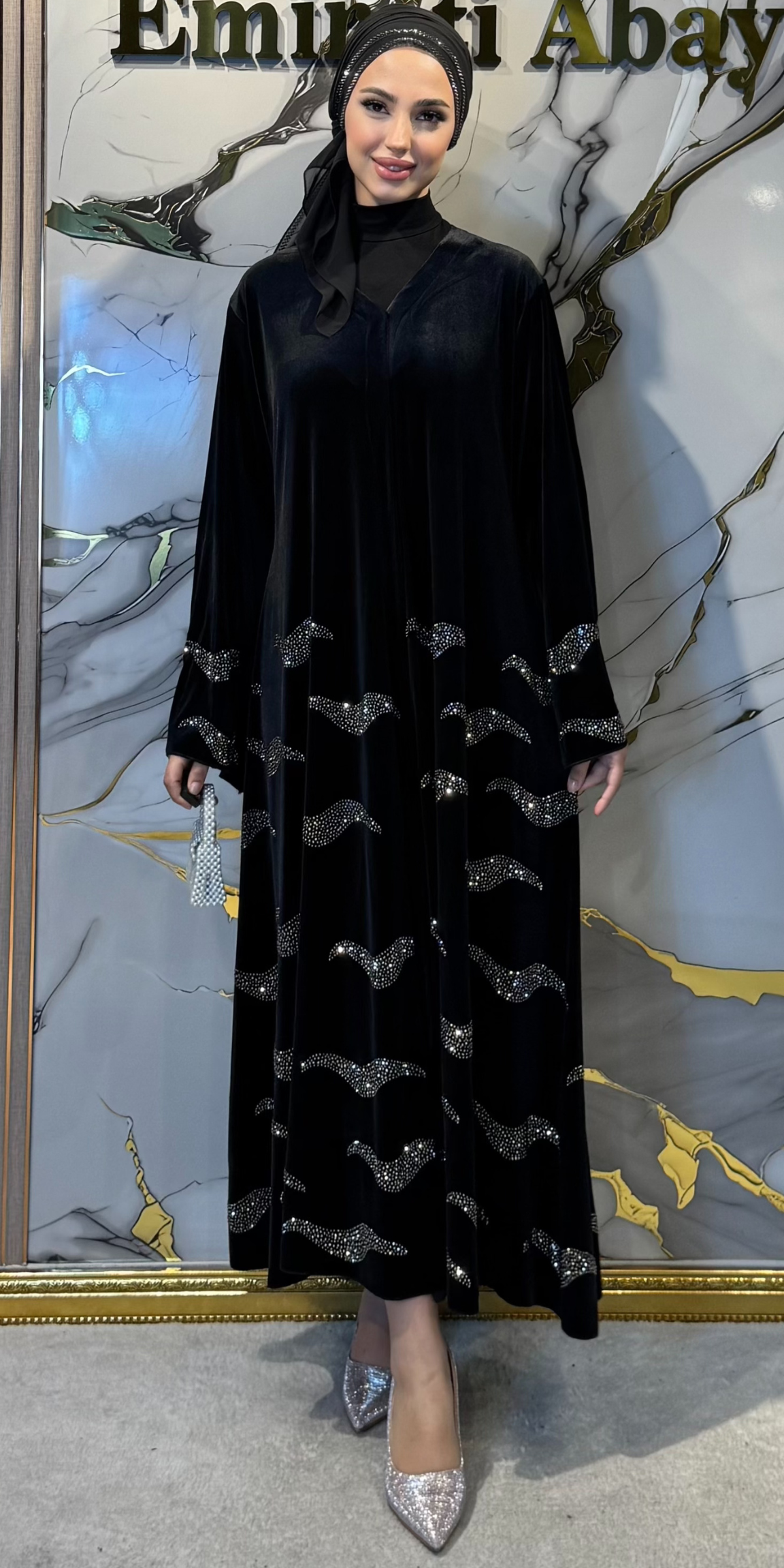 Luxury Black Velvet Abaya with Hematite and Swarovski Crystals | TM39 HSVB