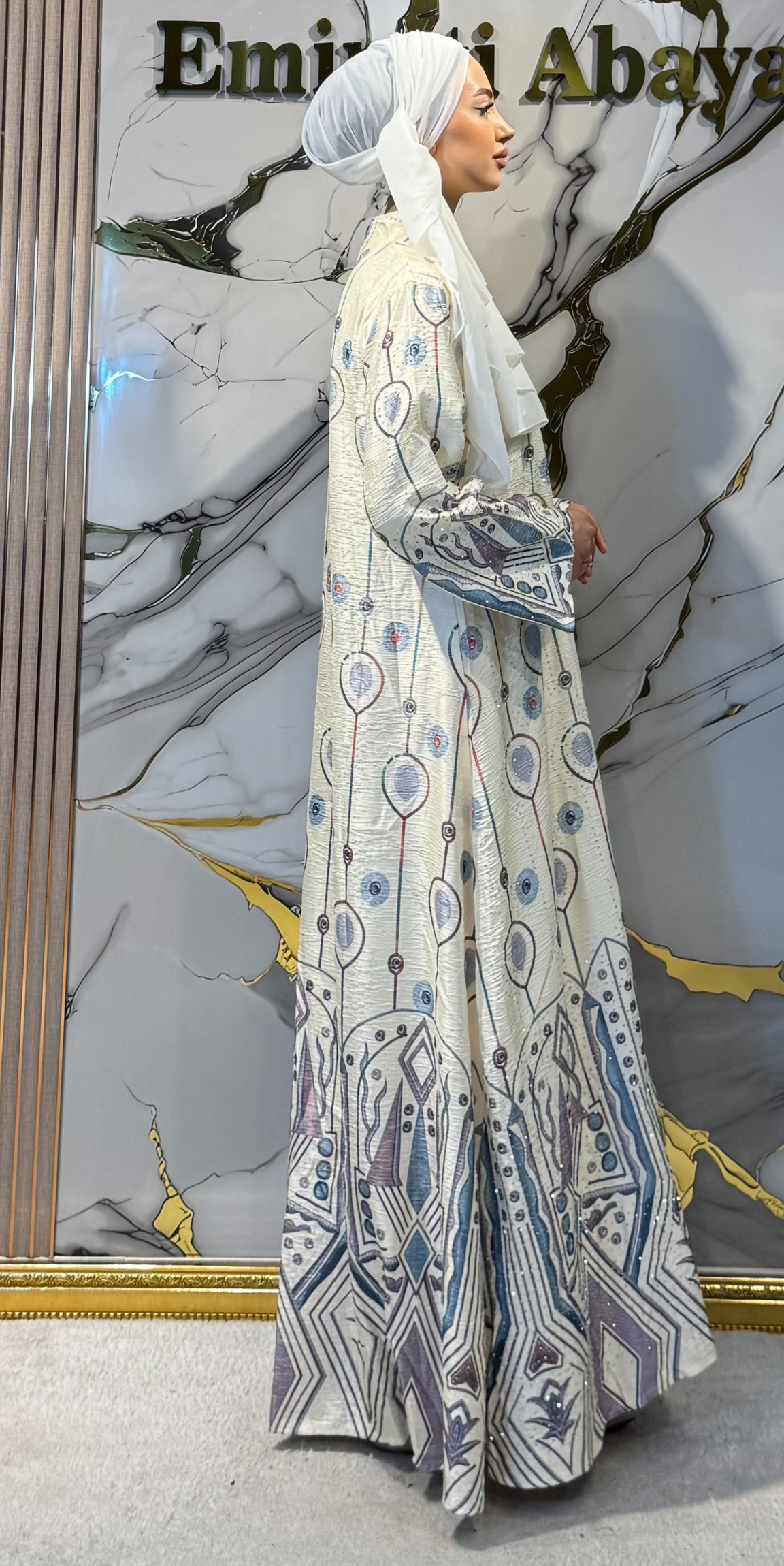 Geometrik Damla Baskılı Krem Jakar Günlük Abaya | KSA12 YELLOW