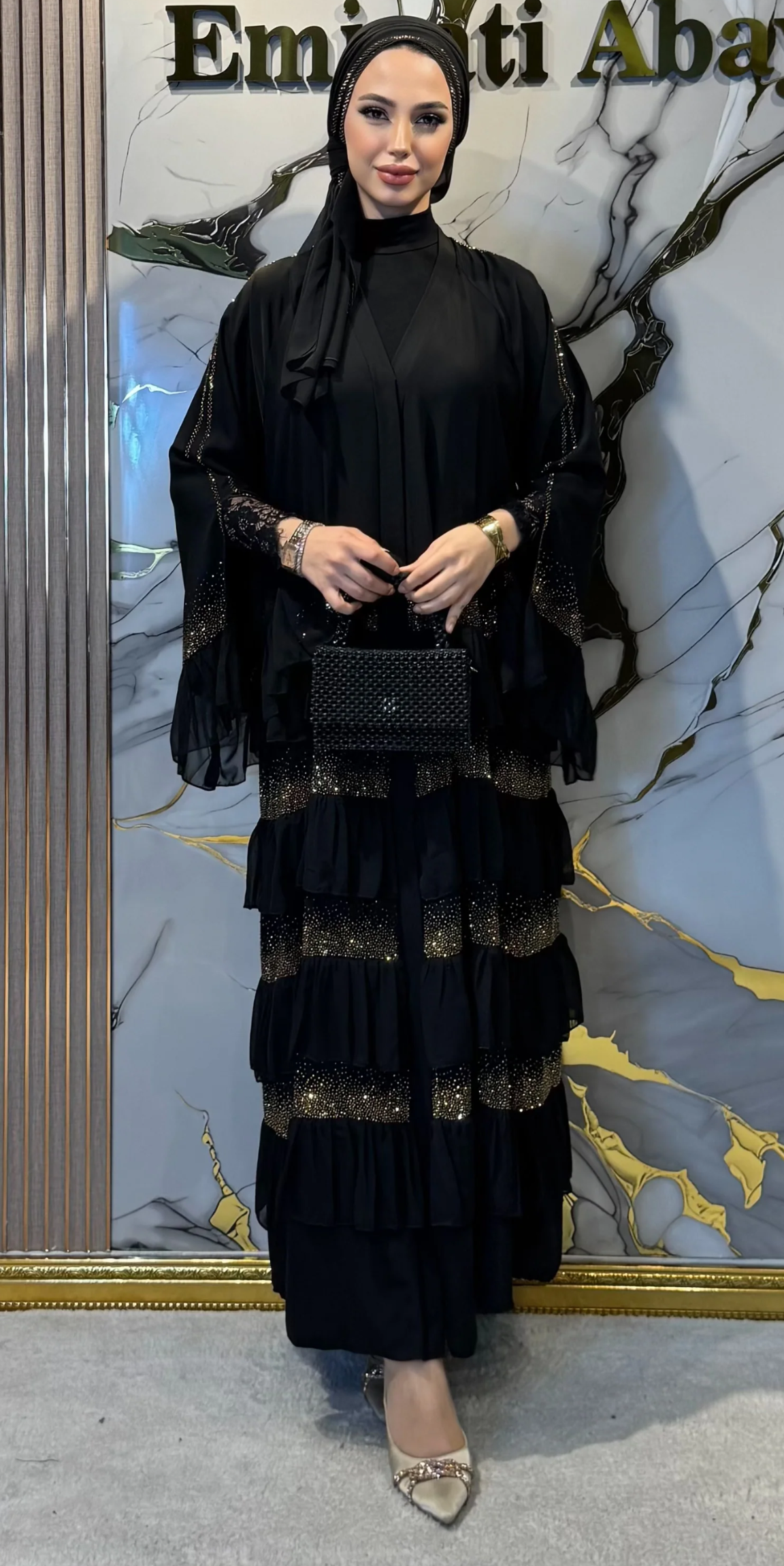 Gold Embellished Layered Dubai Abaya | WS05 GSB