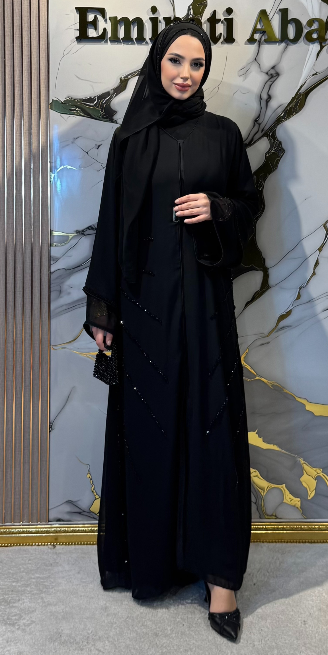 El İşlemesi Siyah Taşlı Siyah Şifon Abaya M91 BSB - Zarif El İşçiliği Model