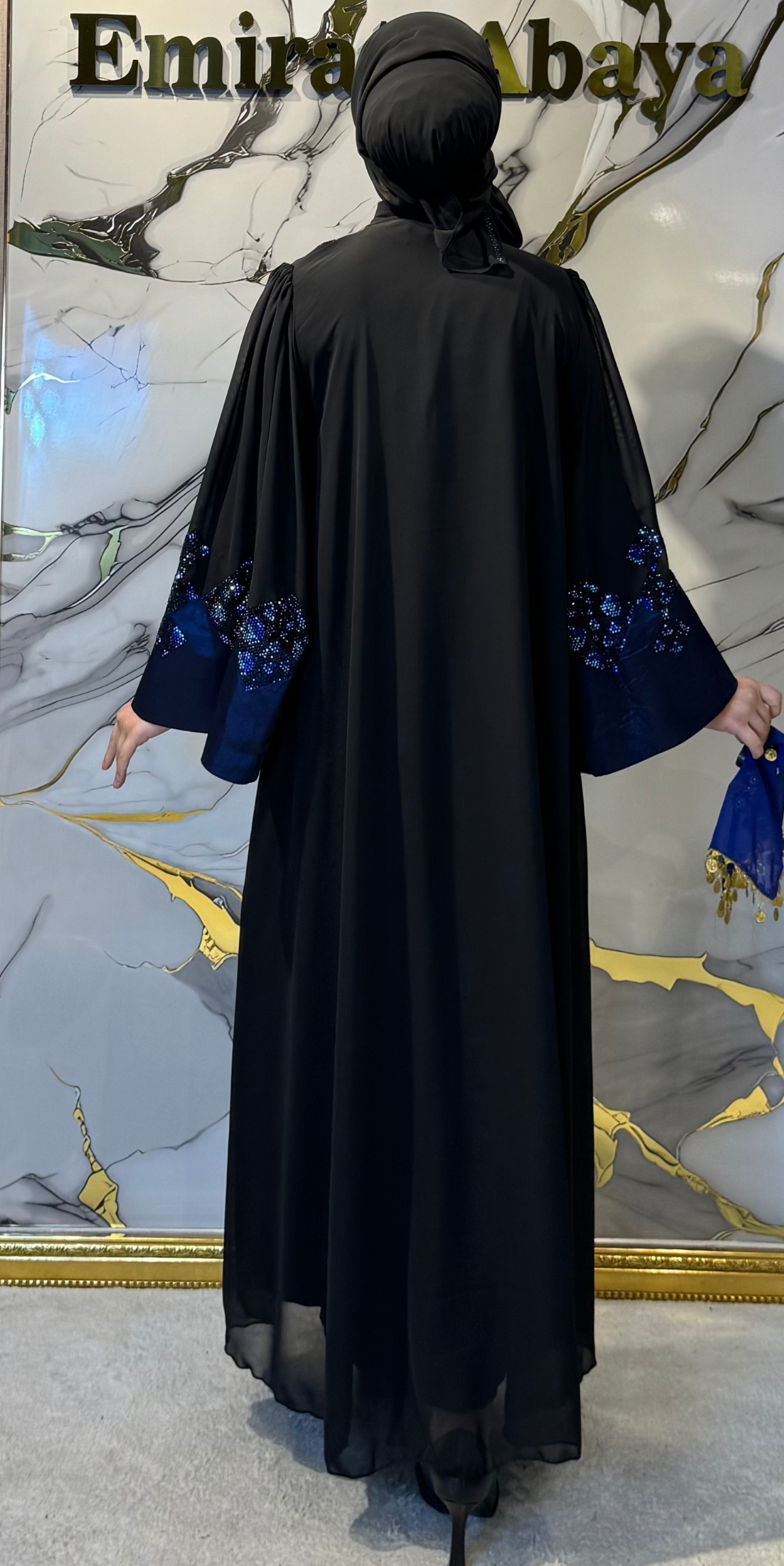 Dubai Style Blue Swarovski Crystal Embellished Traditional Black Korean Chiffon Abaya WS66 MSB - 4-Piece Luxury Set (Includes Shawl, Belt and Undershirt) WS66 MSB