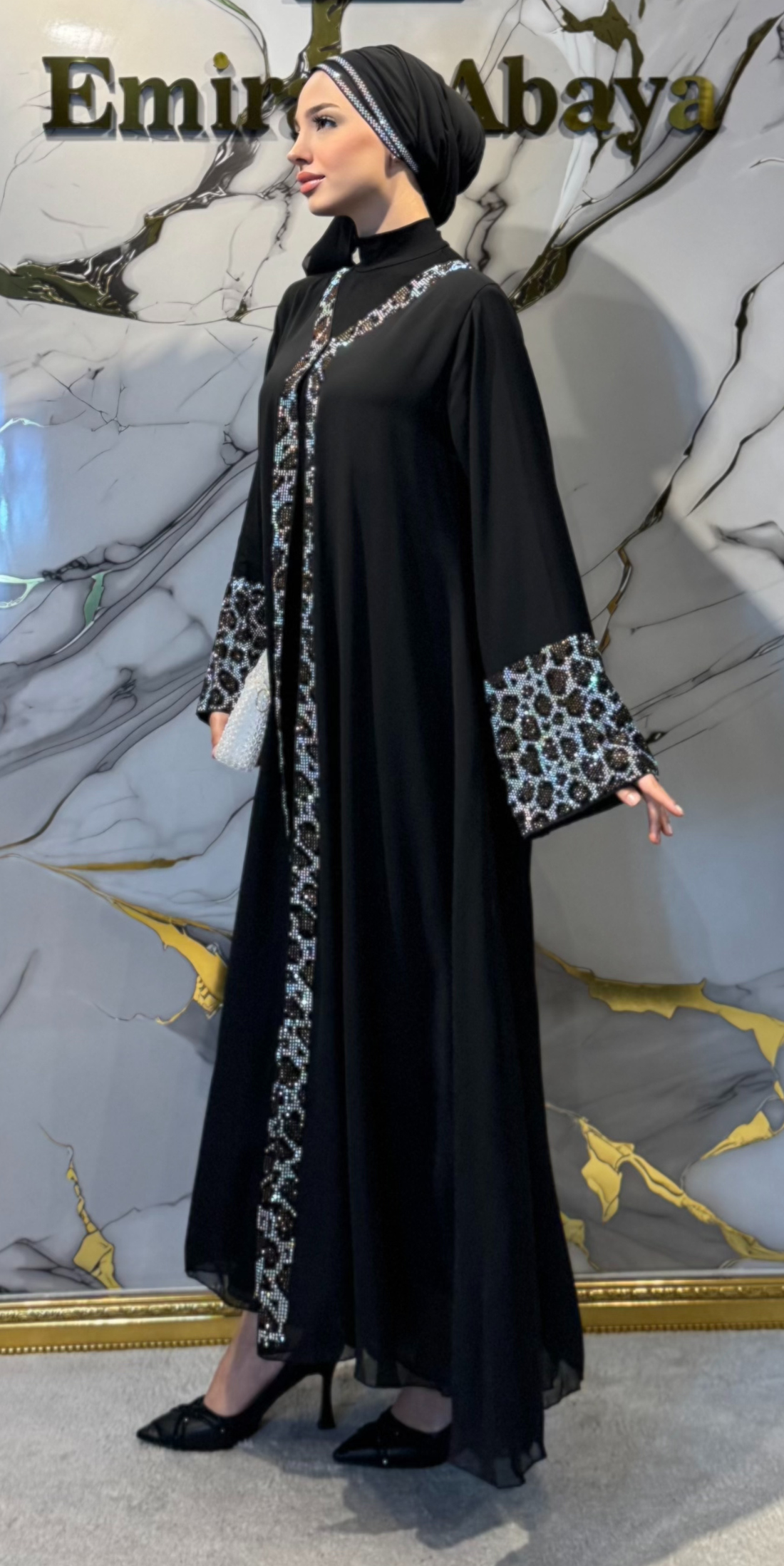 Stone Embellished Leopard Print Black Chiffon Abaya JanJan Stone Embellished Scarf Included TM78 LJSSB