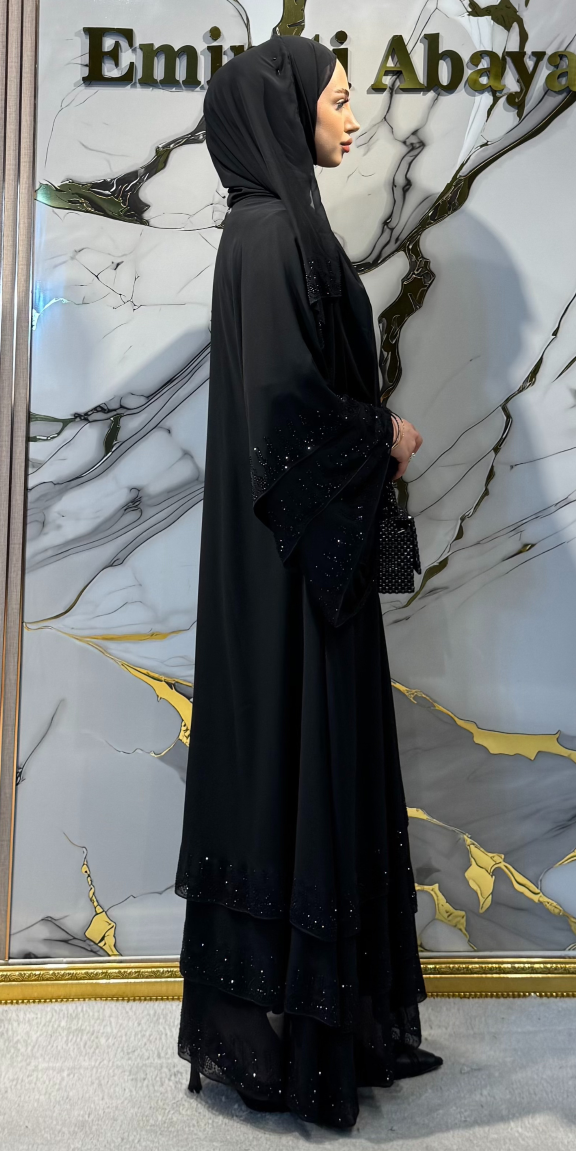 Etek Uçları Swarovski Taşlı Siyah Abaya TM07 BSB - Lüks Zarif Model