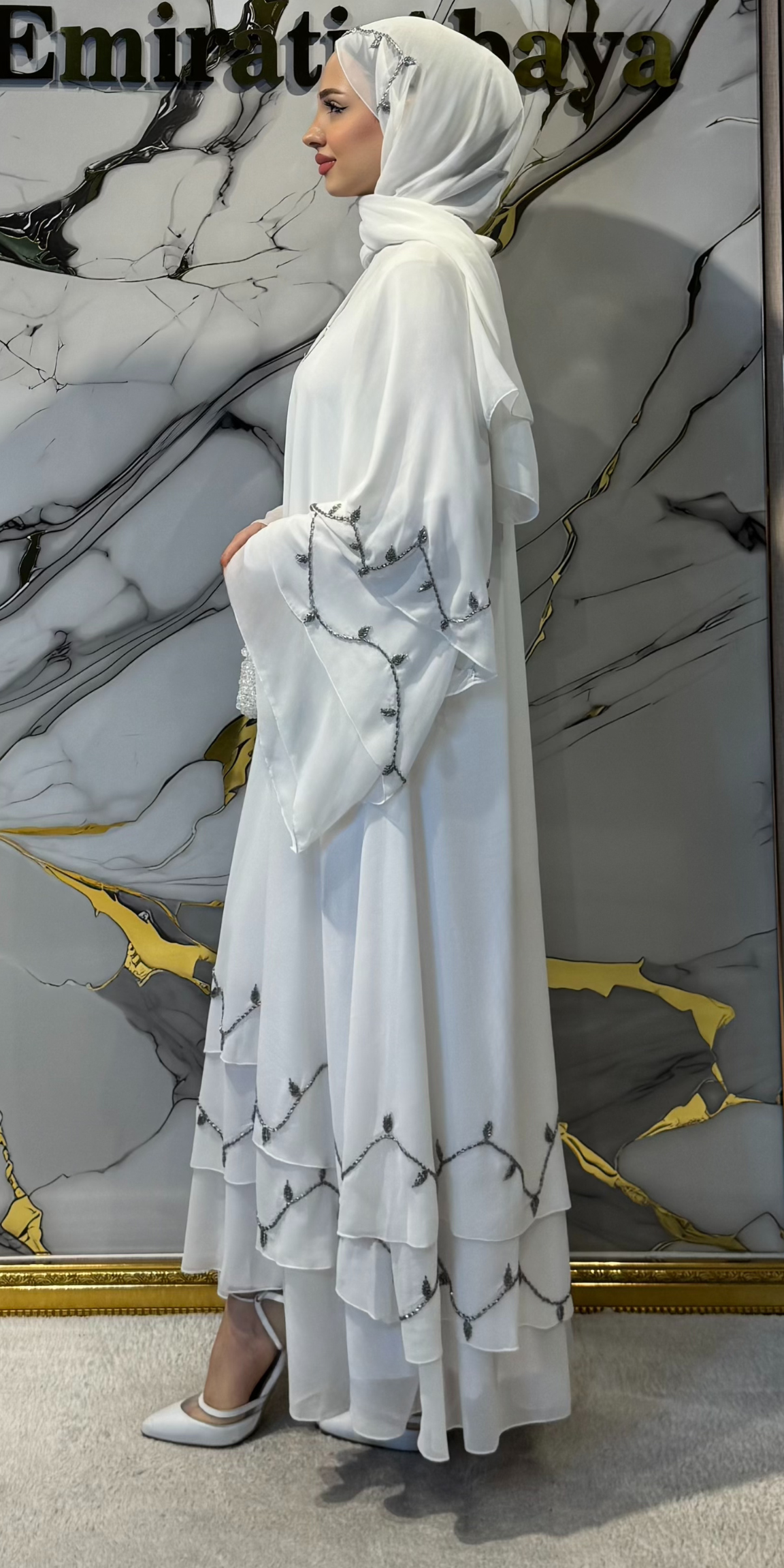 Hematit Taşlı 3 Katlı Beyaz Şifon Abaya – Şallı Takım | M1 HS WHITE