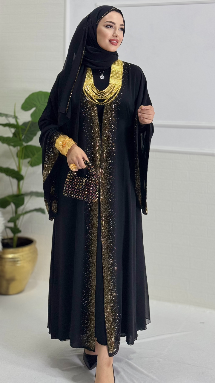 Önü Gold Taşlı Işıltılı Şık Siyah  Abaya