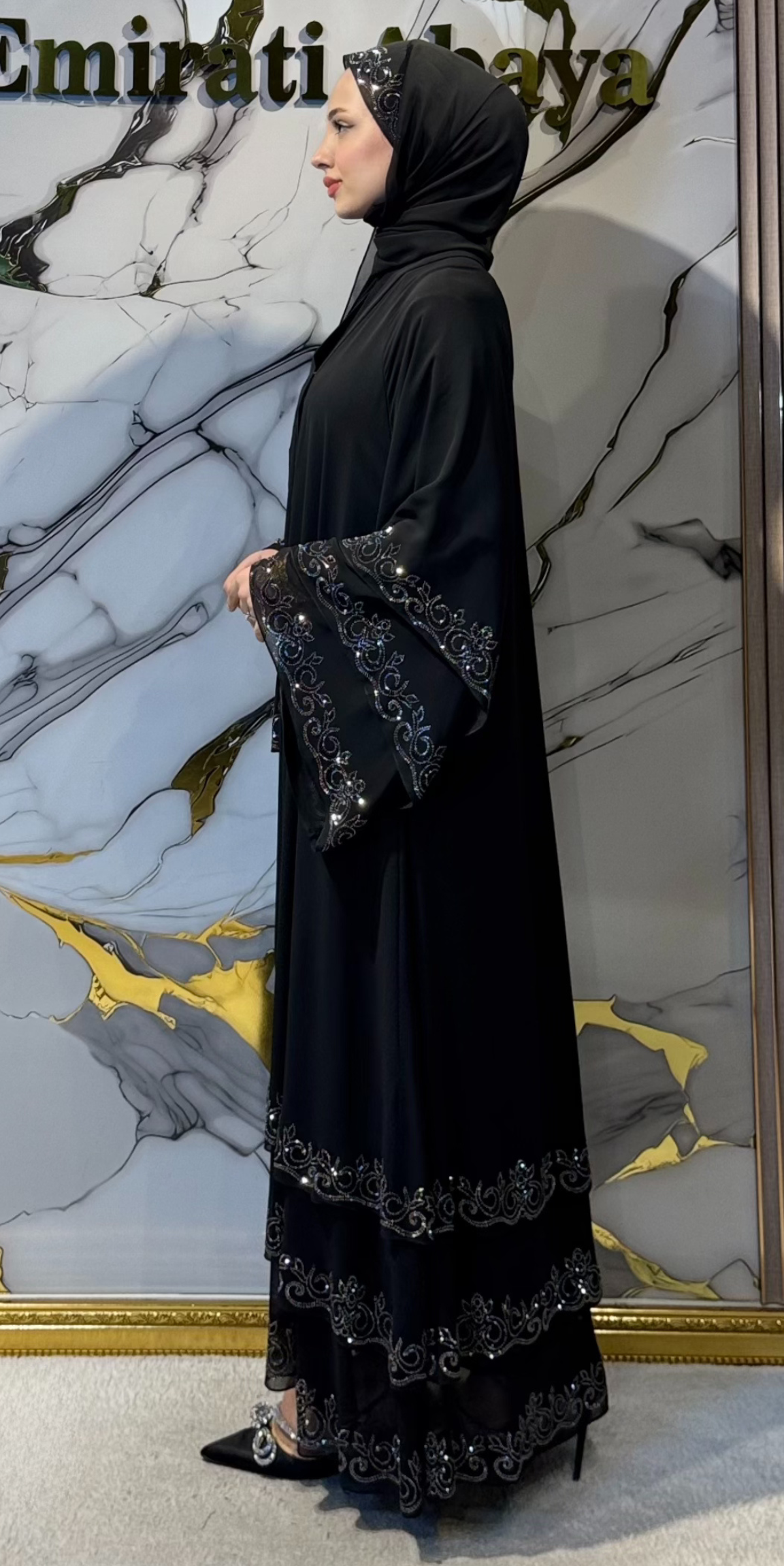 Hematit Taşlı 3 Katlı Siyah Şifon Abaya | LY47 HSB