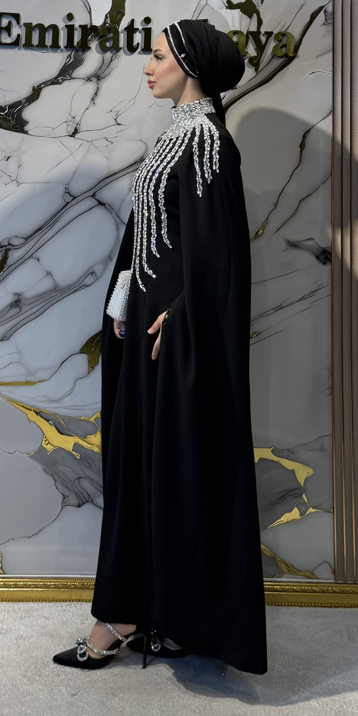 Handmade Black Dubai Fabric Abaya with White Stones | EF0019 WSDB