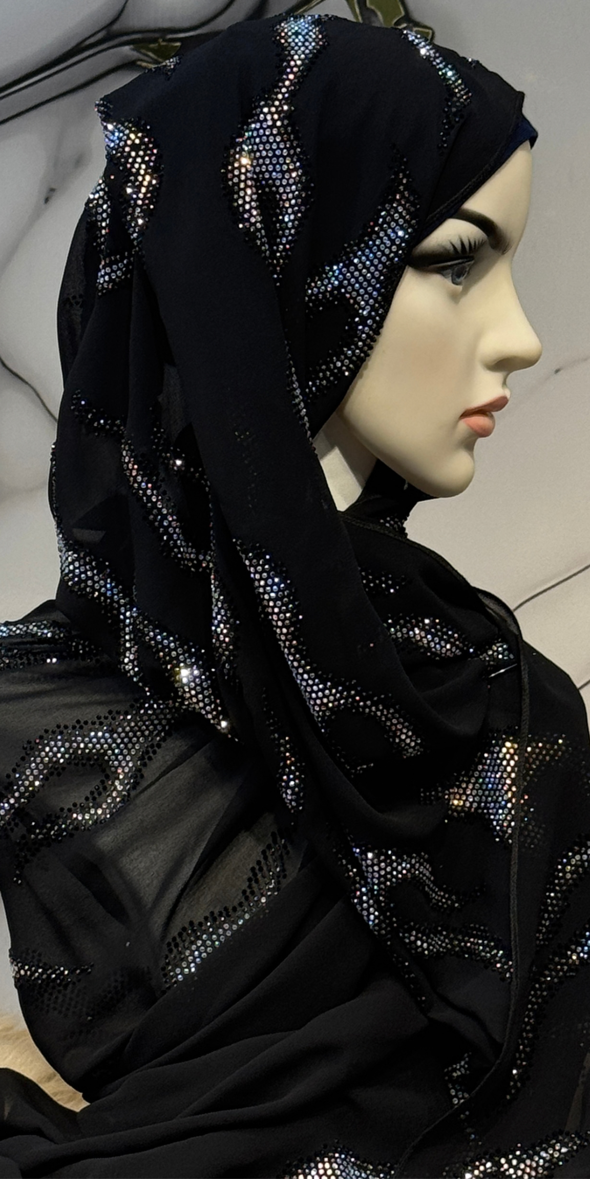 JanJan Taşlı Dalga Desenli Siyah Şifon Şal Emirati Abaya | ŞAL53 JSB