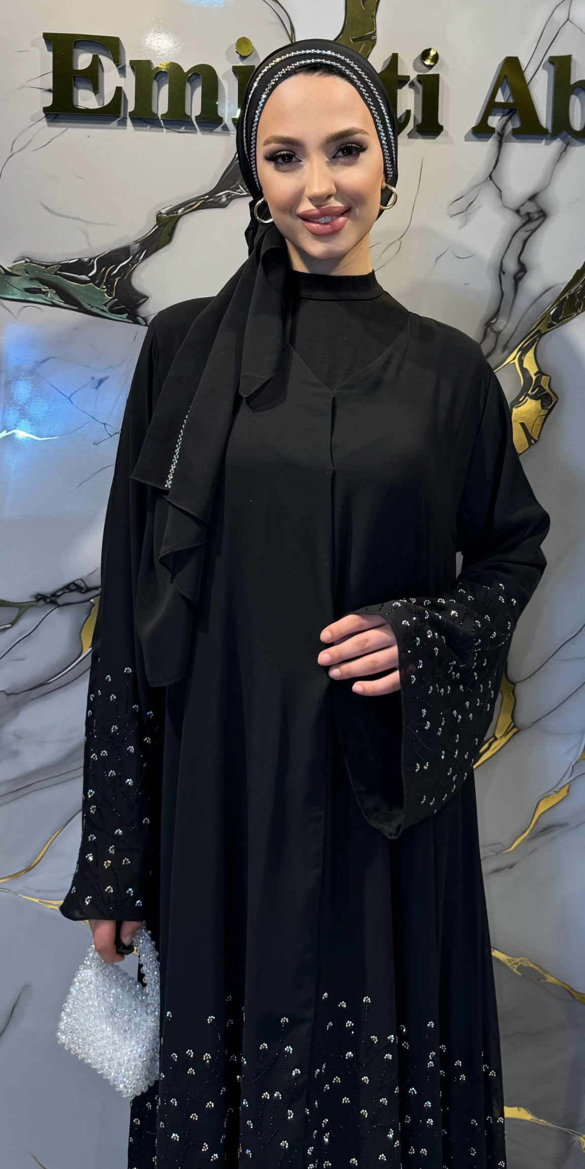 Etekleri Taşlı Papatya Çiçeği Motifli Siyah Şifon Abaya TM36 JSB