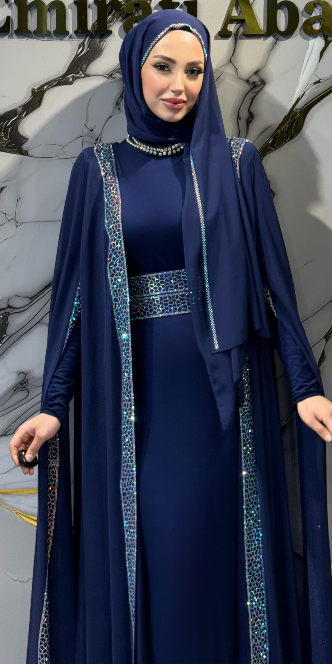 Traditional Navy Blue Chiffon Abaya Set with Shimmering Stone Trim WS49 JS BLUE