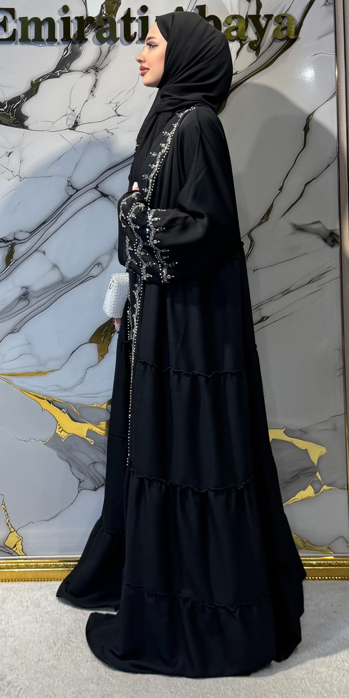 Open Front Hand Embroidered Dubai Style Black Abaya M4 WSB - Elegant and Unique Craftsmanship Model