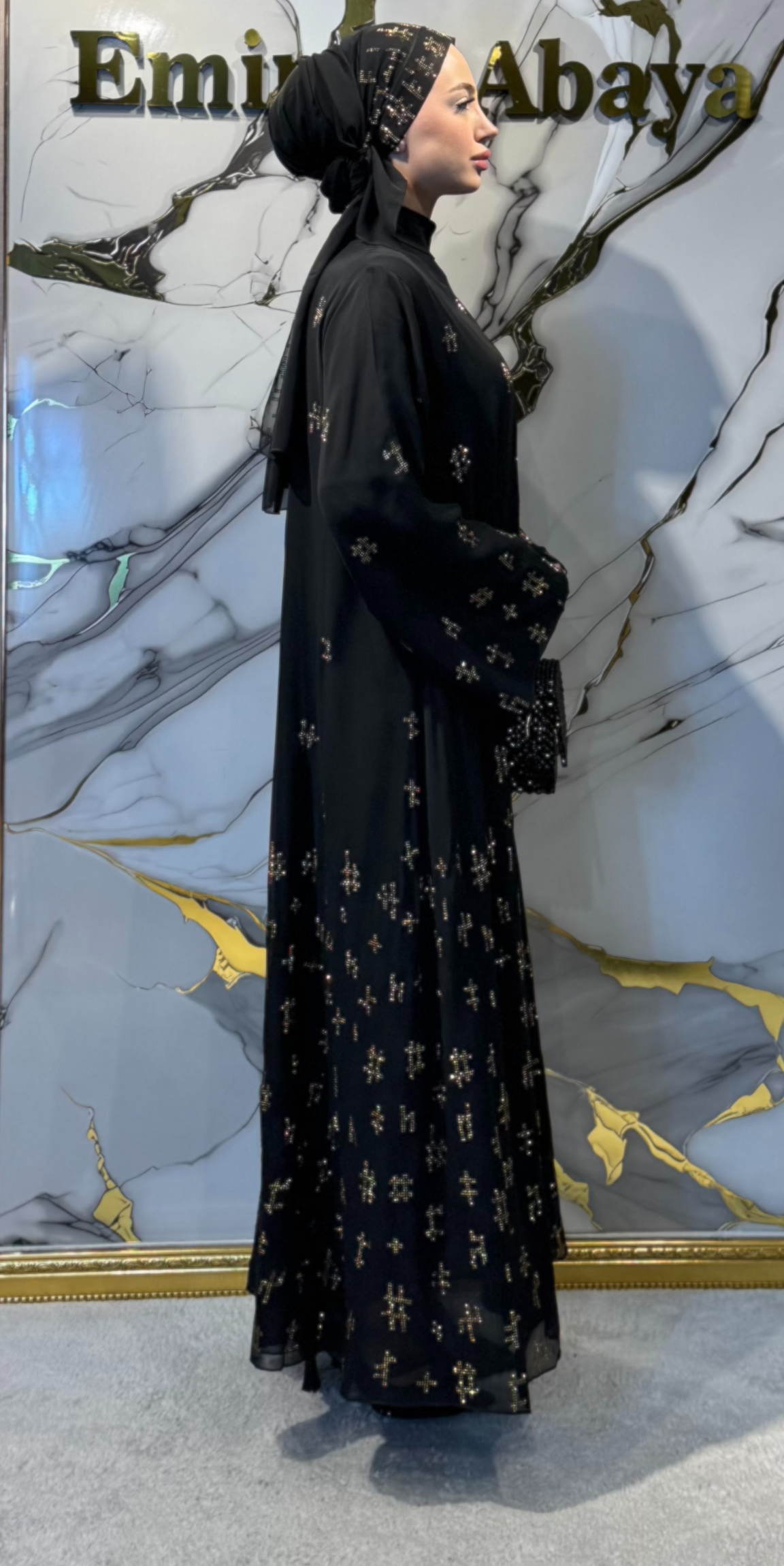 Luxury Gold Geometric Stone Detail Black Chiffon Abaya TM53 GSB